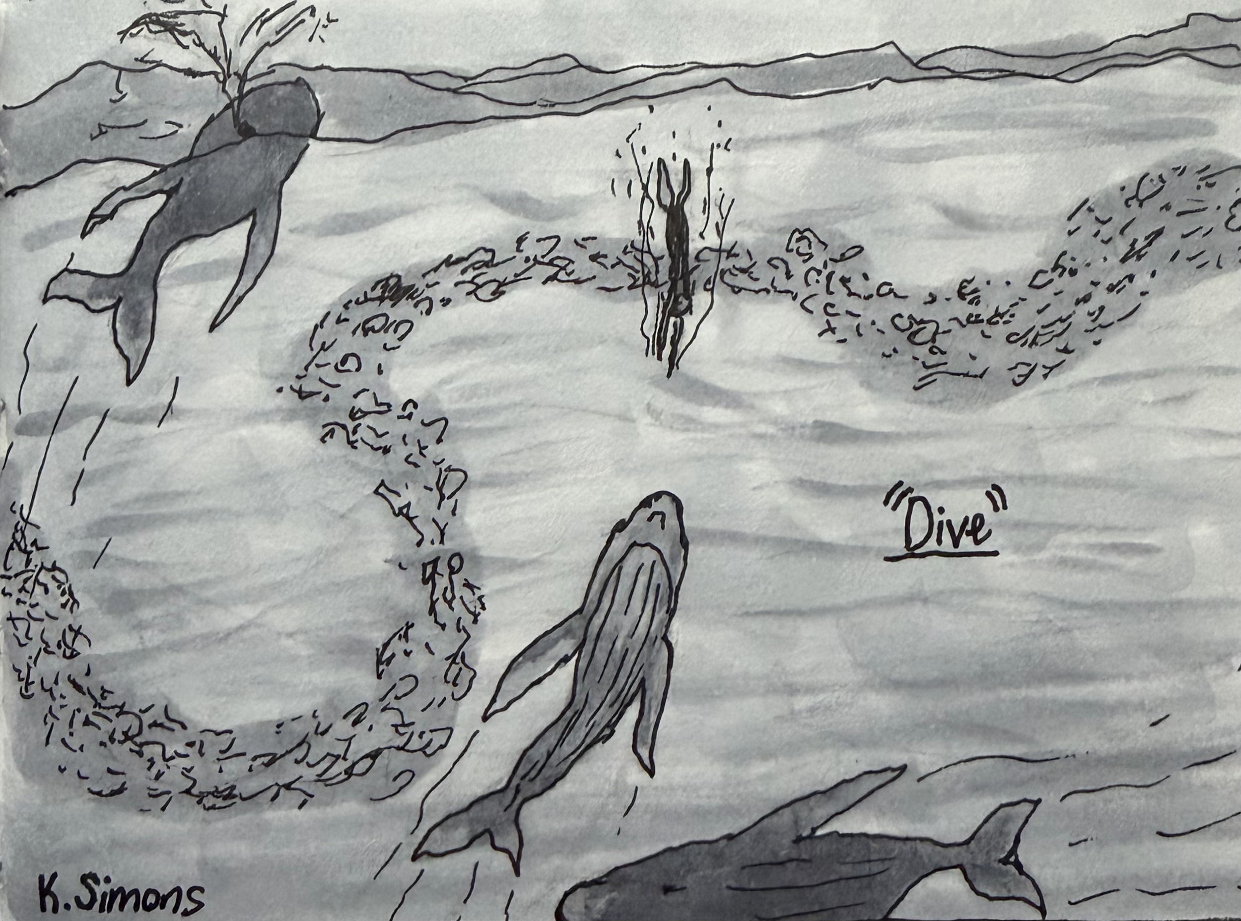 Inktober 52 #33: Dive (Pen, pencil & marker on paper, 4x3 inches, August 2026)