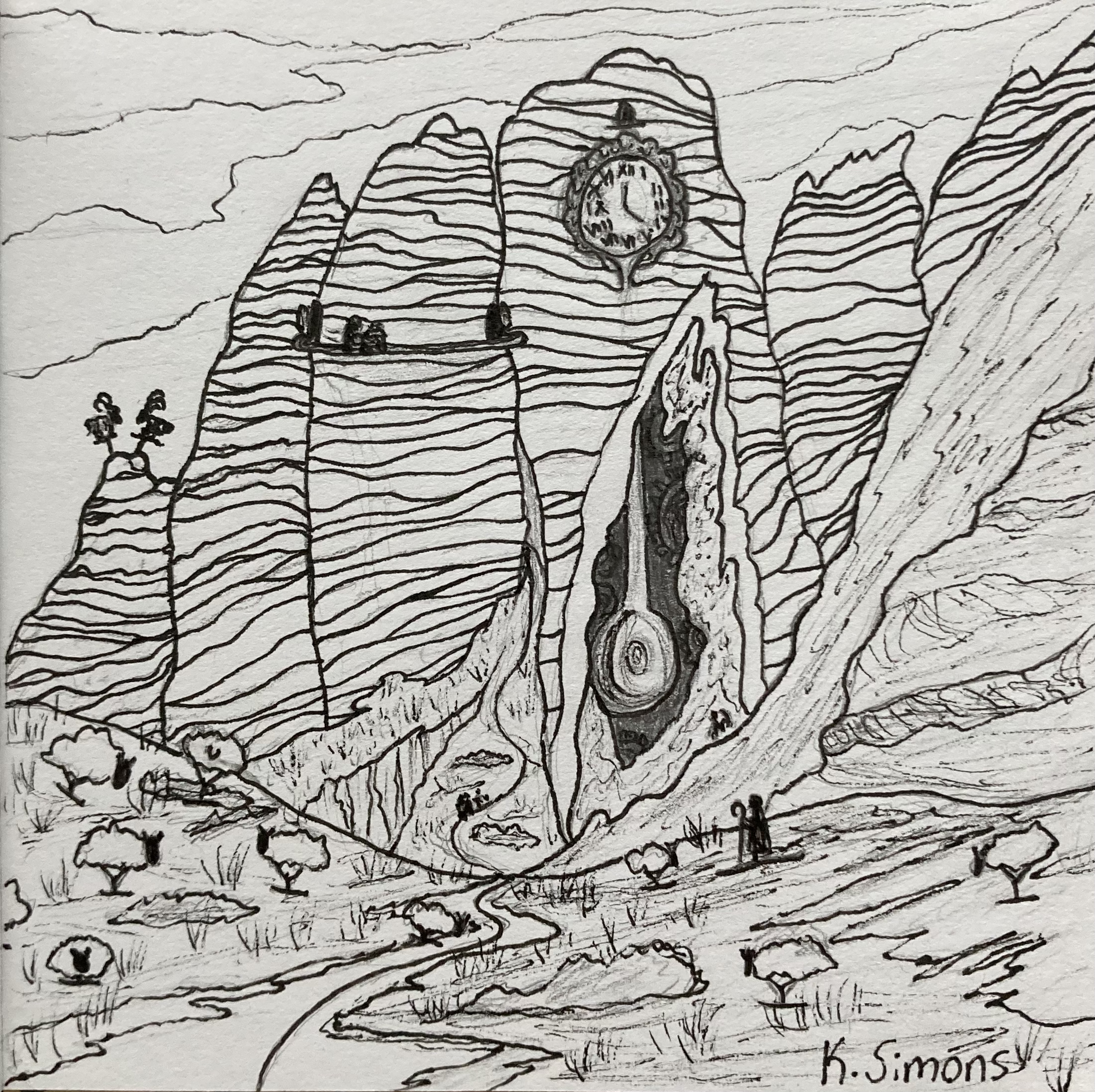 Tick Tock (Pen & pencil on paper, 3.75x3.75 inches, January 2025)