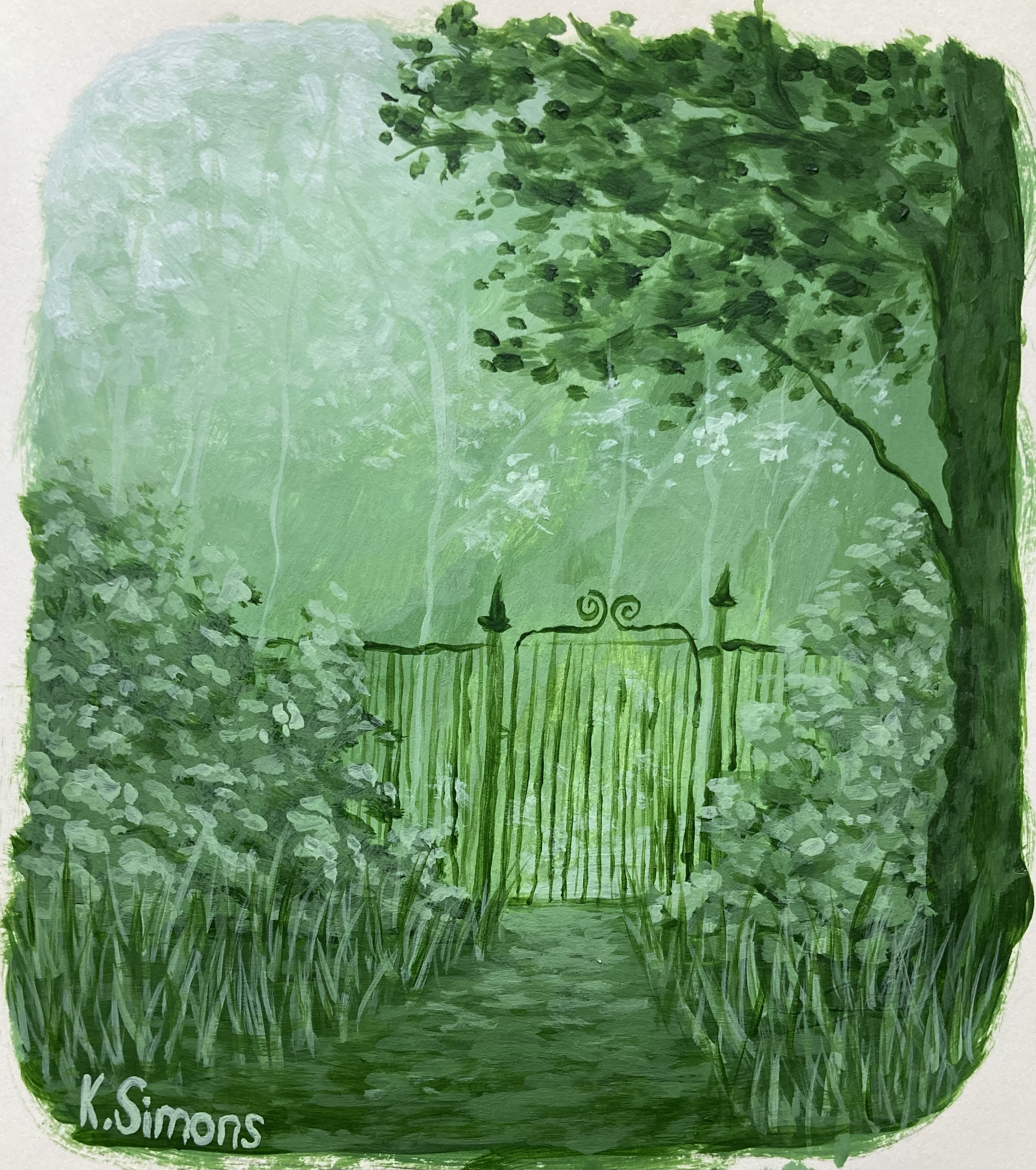 Hooker's Green Study: Gateway (Acrylic on paper, approx. 4x4.5 inches, April 2026)