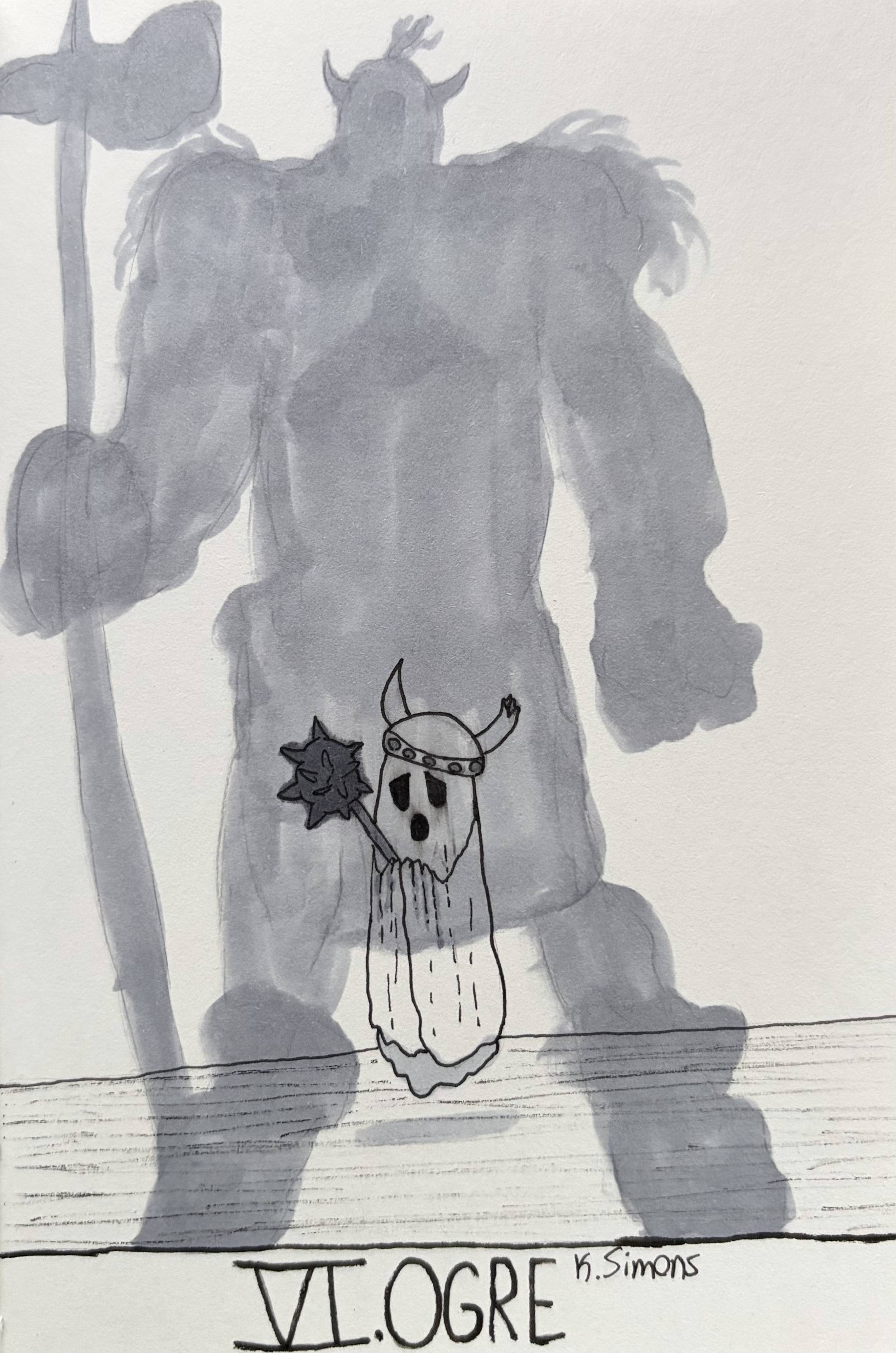 Ogre (Pen, pencil & marker on paper, 4x6 inches, October 2026)