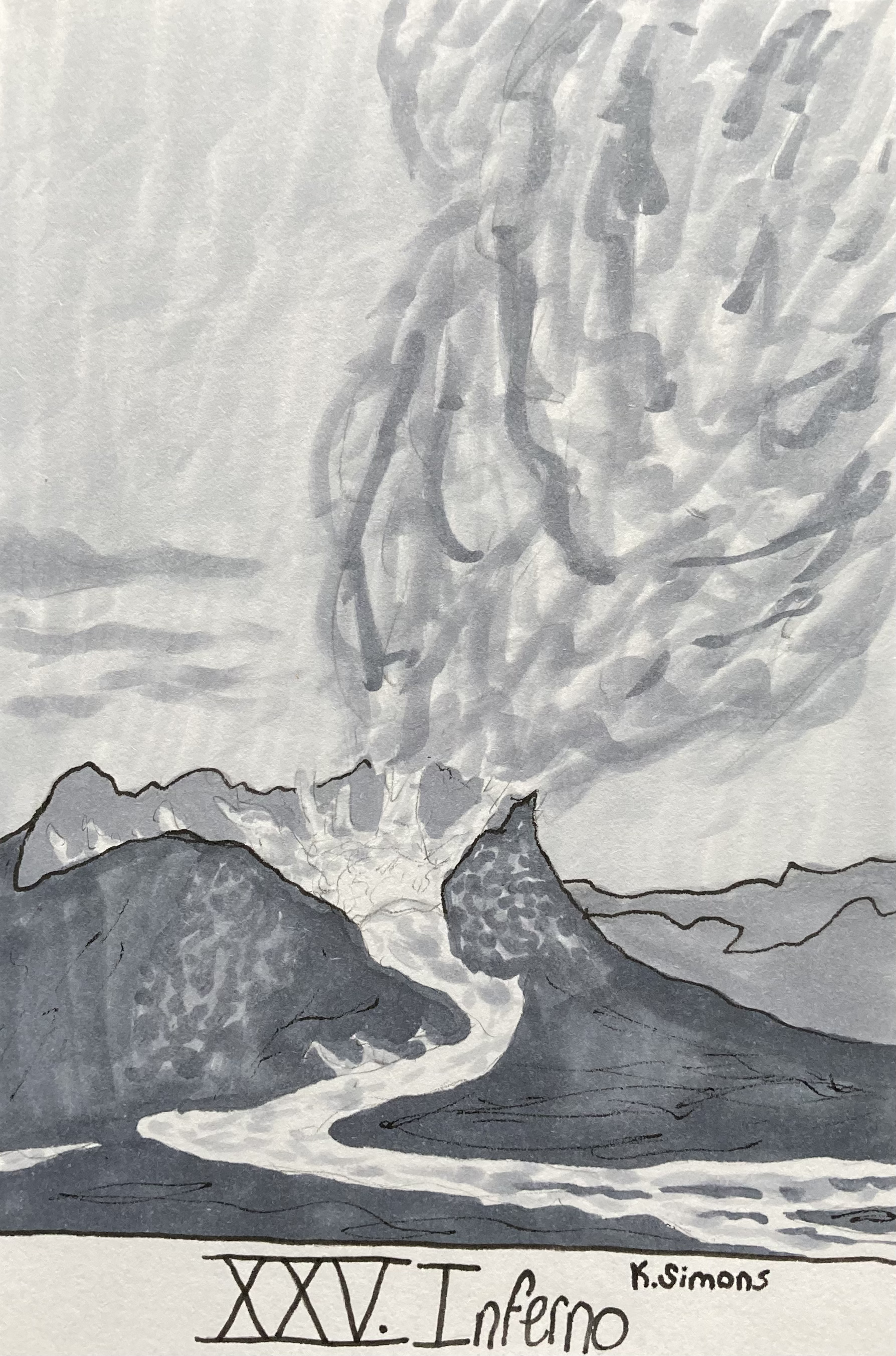 Inferno (Pen, pencil & marker on paper, 4x6 inches, October 2025)