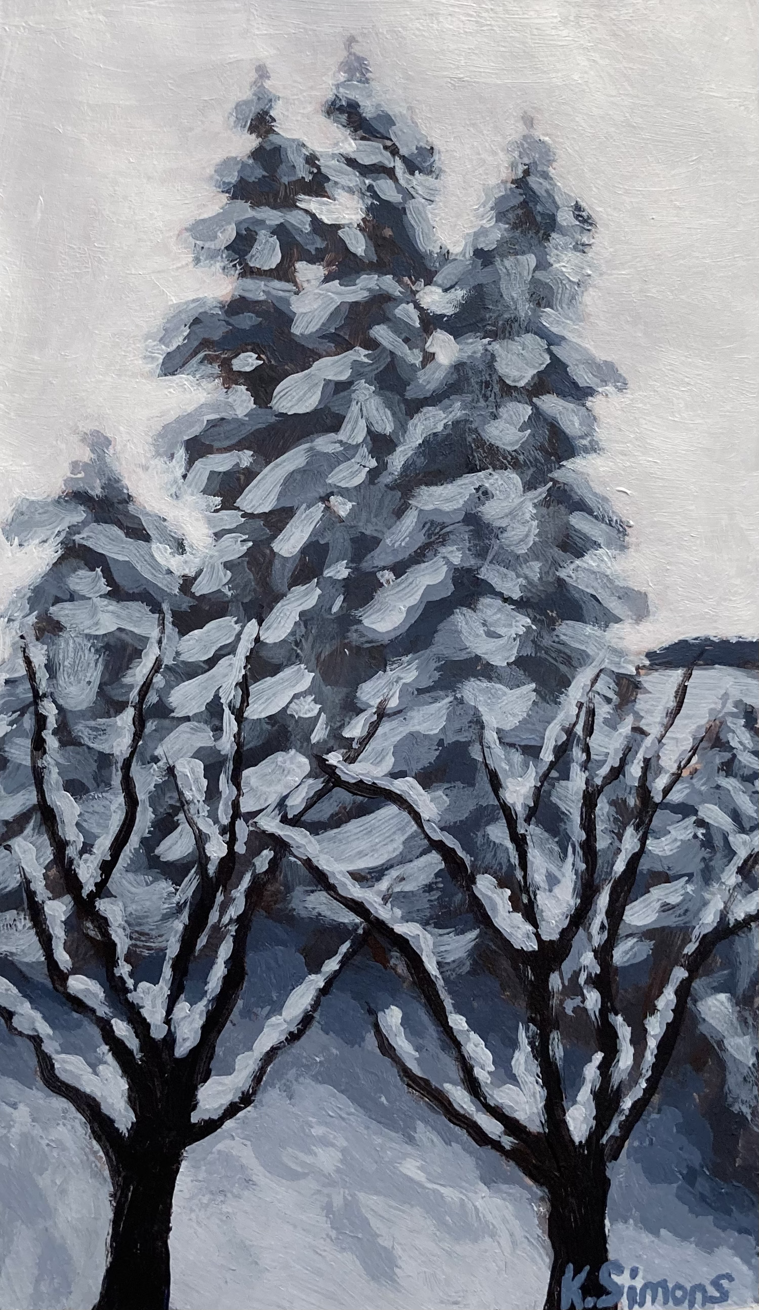 Snowy Trees (Acrylic on paper, 5x5.75 inches, January 2026)
