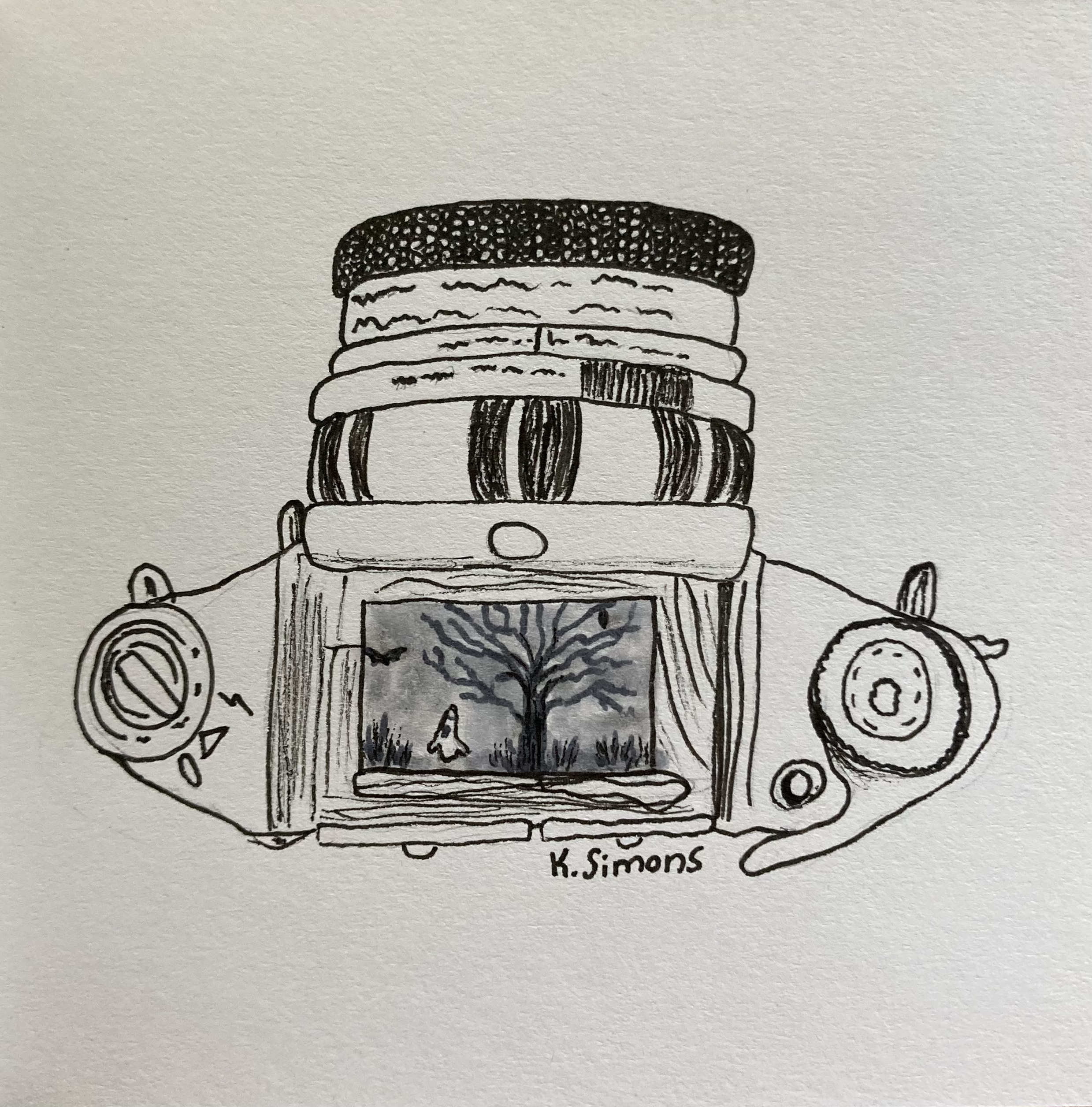 Camera (Pen, pencil & marker on paper, 3.75x3.75 inches, October 2024)