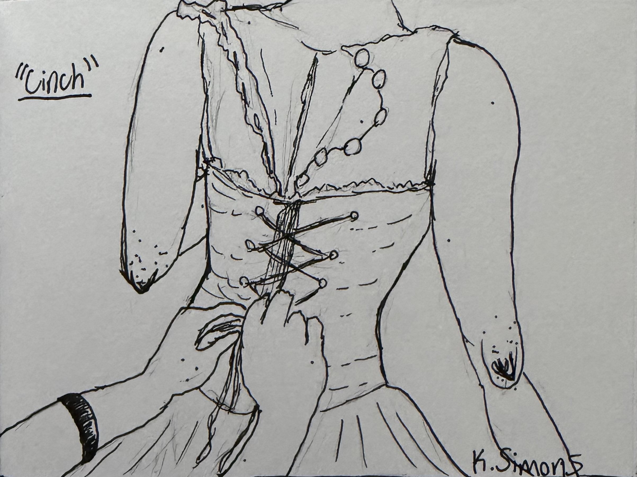 Inktober 52 #35: Cinch (Pen & pencil on paper, 4x3 inches, August & September 2026)