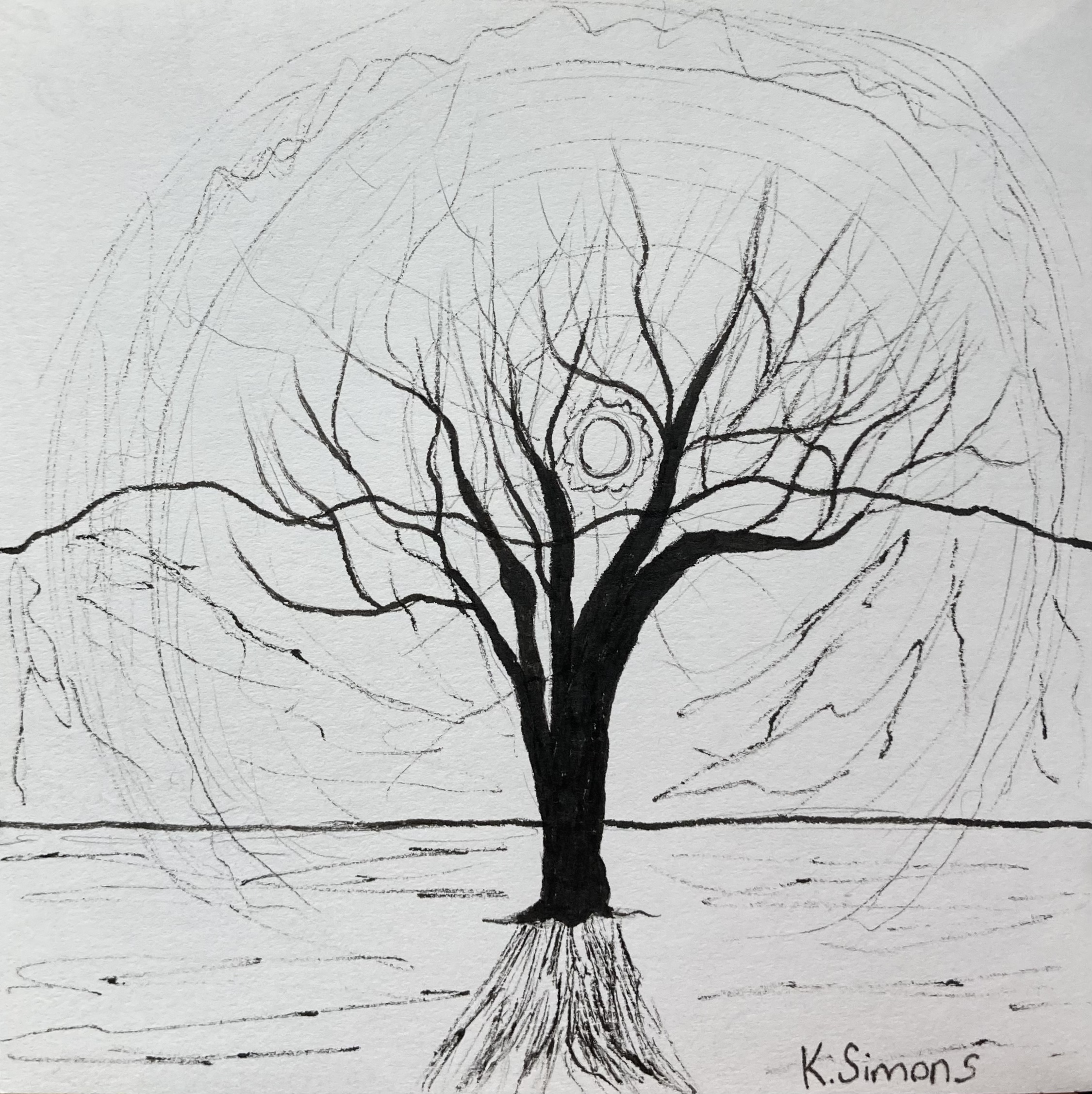 Free Time: Solstice (Pen & pencil on paper, 3.75x3.75 inches, January 2026)