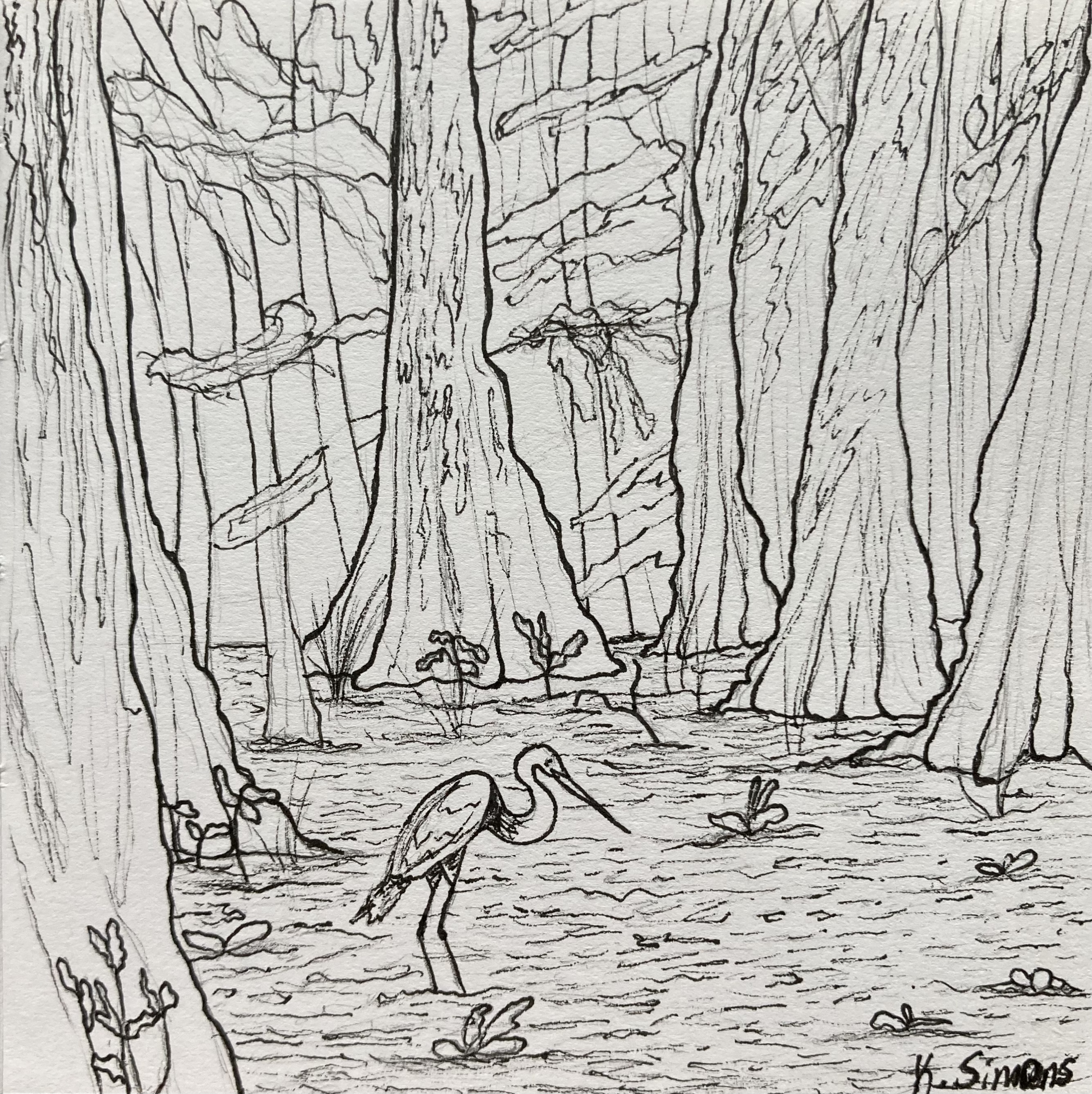 Swamp (Pen & pencil on paper, 3.75x3.75 inches, February 2025)