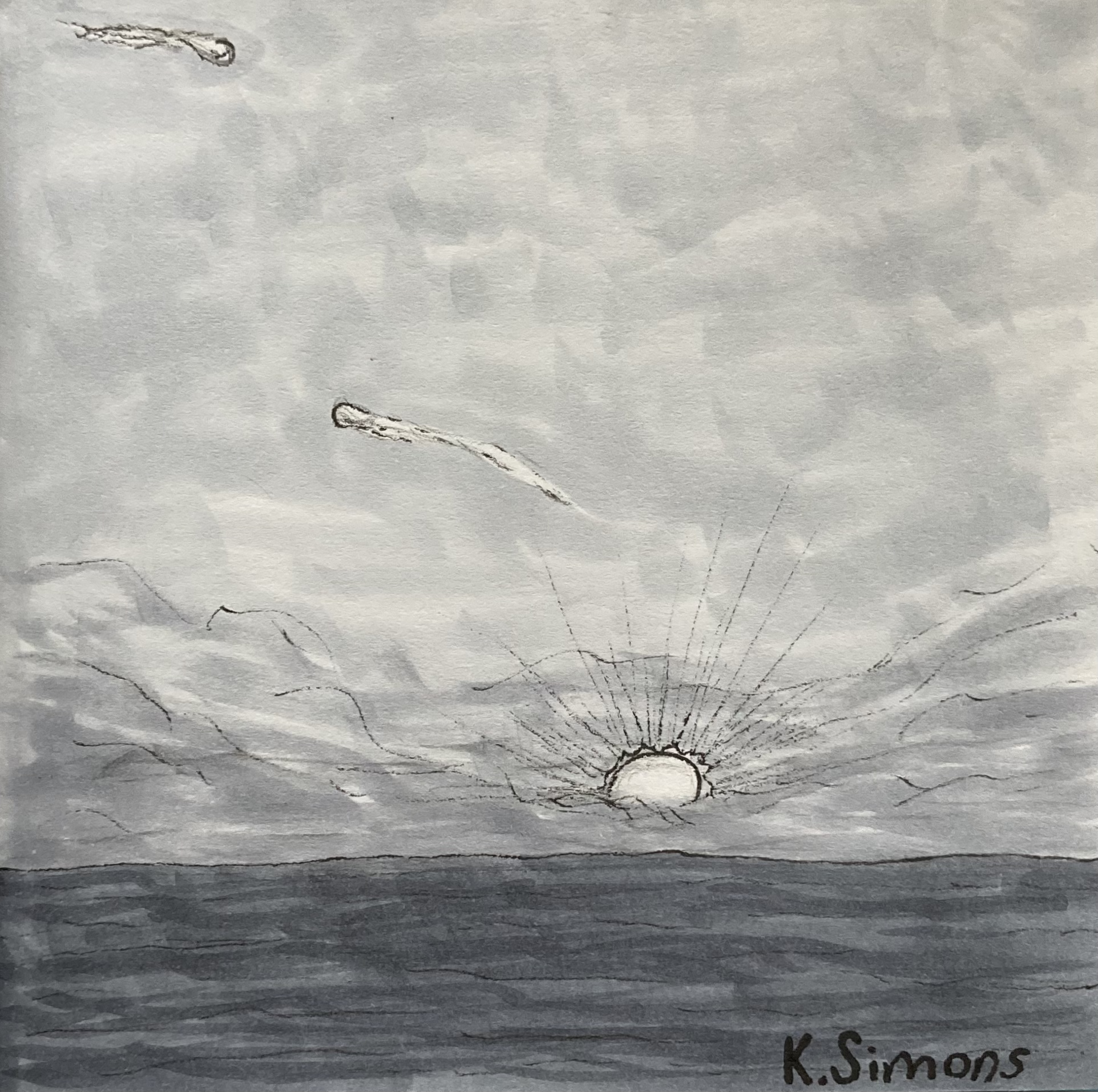 Inktober 52 #52: Sunset (Pen, pencil & marker on paper, 3.75x3.75 inches, December 2025)