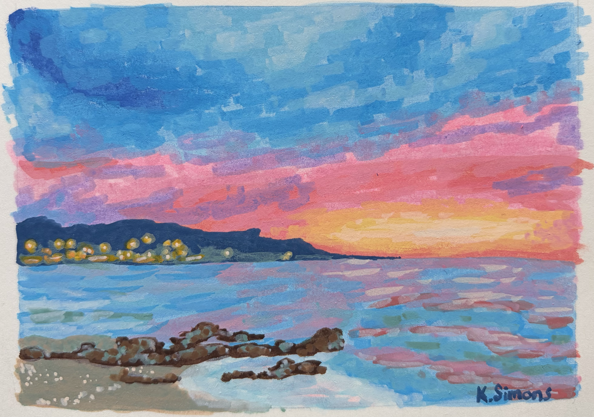 Beach Sunset Study (Acrylic paint marker on paper, approx. 4.25x3 inches, August 2026)