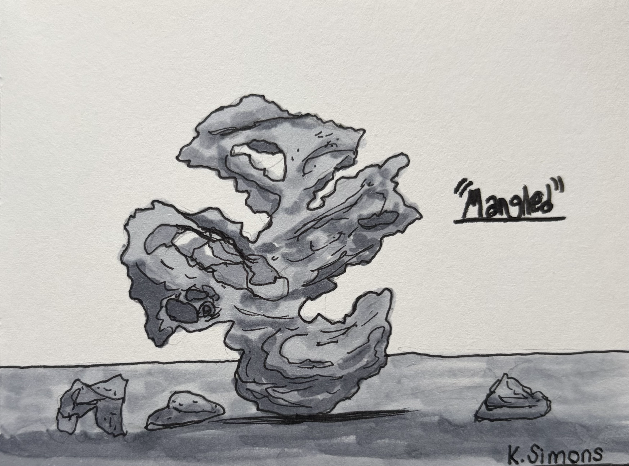 Inktober 52 #27: Mangled (Pen, pencil & marker on paper, 4x3 inches, July 2026)
