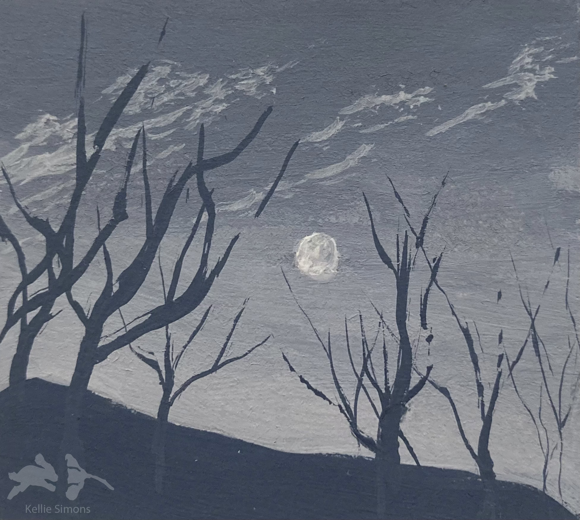 Moon & Trees (Gouache on paper, 1.75x1.5 inches, February 2026)