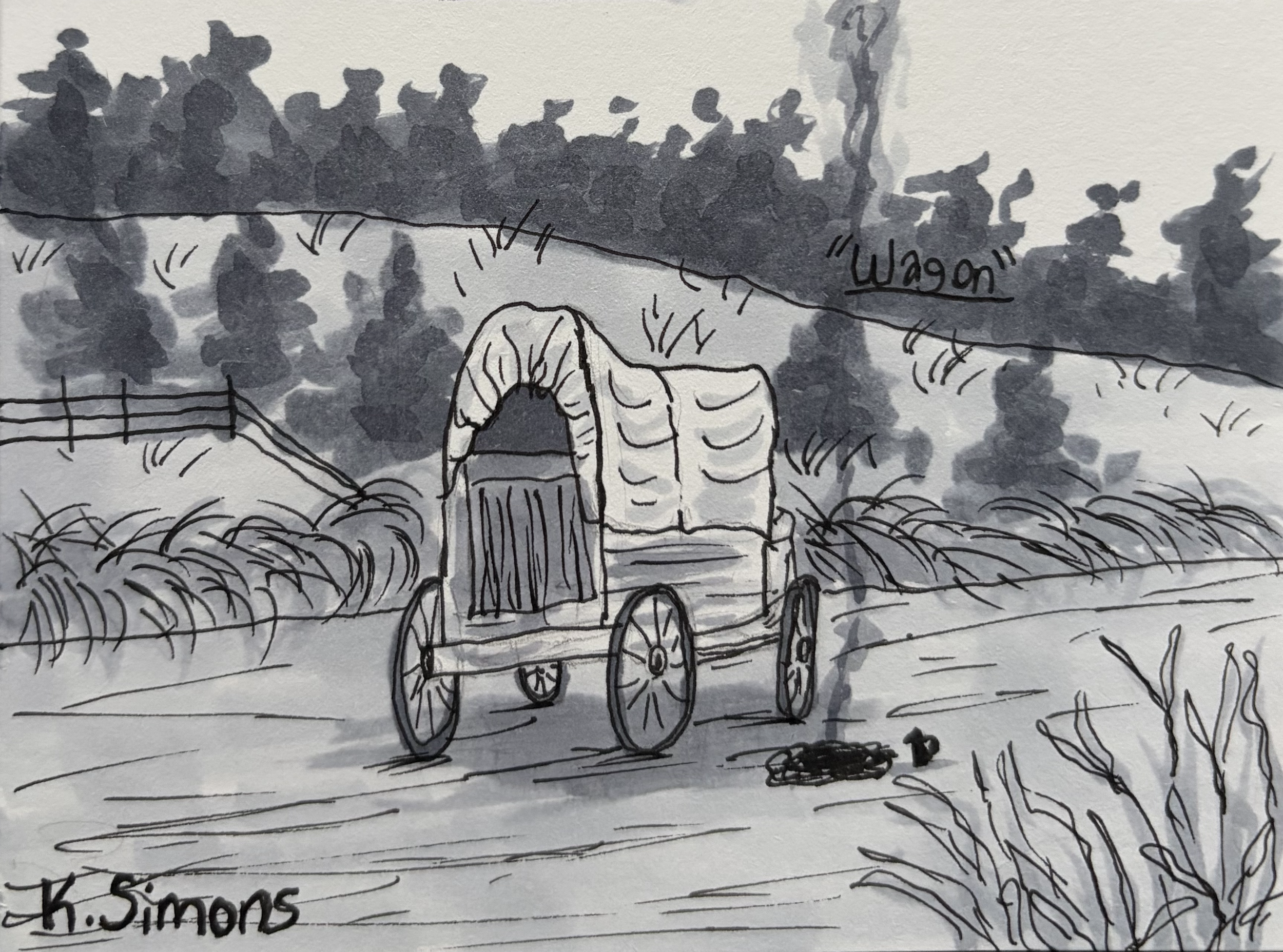 Inktober 52 #30: Wagon (Pen, pencil & marker on paper, 4x3 inches, July 2026)