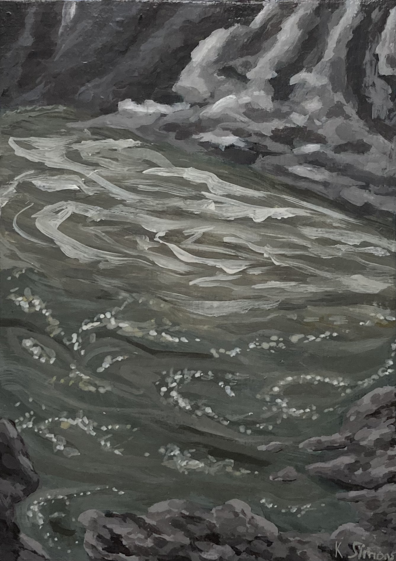 River of a Bubbling Eddy & Foaming Rapids (Acrylic on board, 5x7 inches, December 2023)
