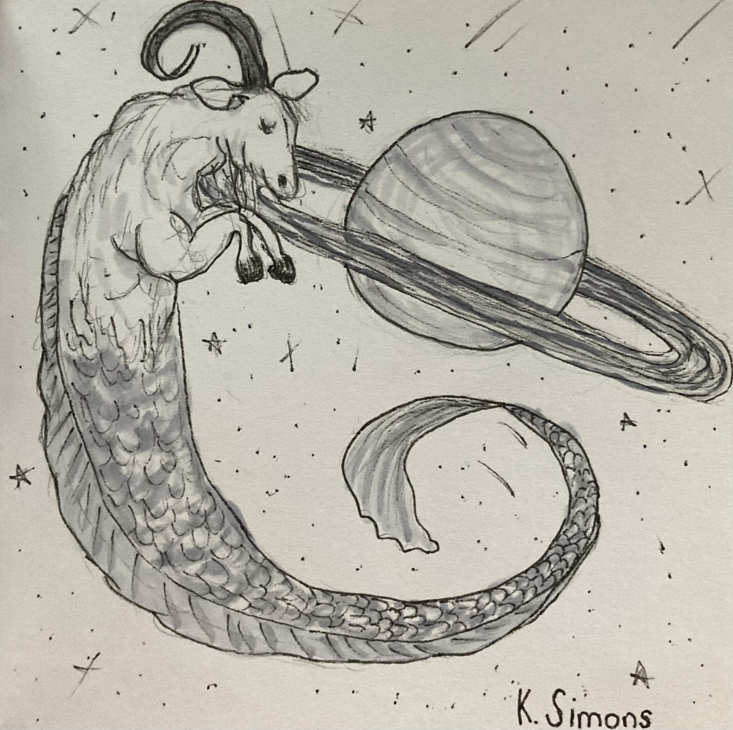 Capricorn (Pen, pencil & marker on paper, 3.75x3.75 inches, December 2025)