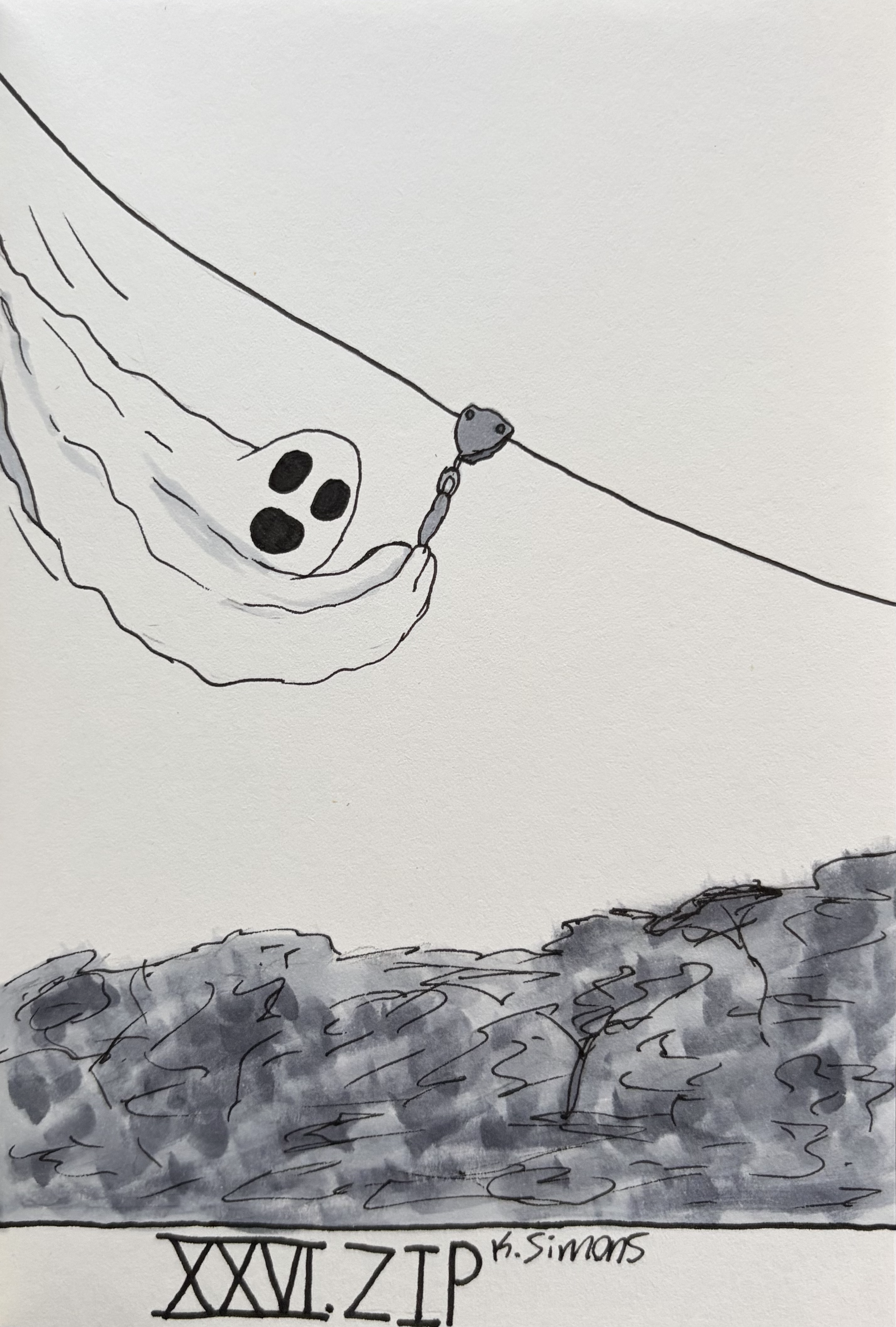 Zip (Pen, pencil & marker on paper, 4x6 inches, October 2026)