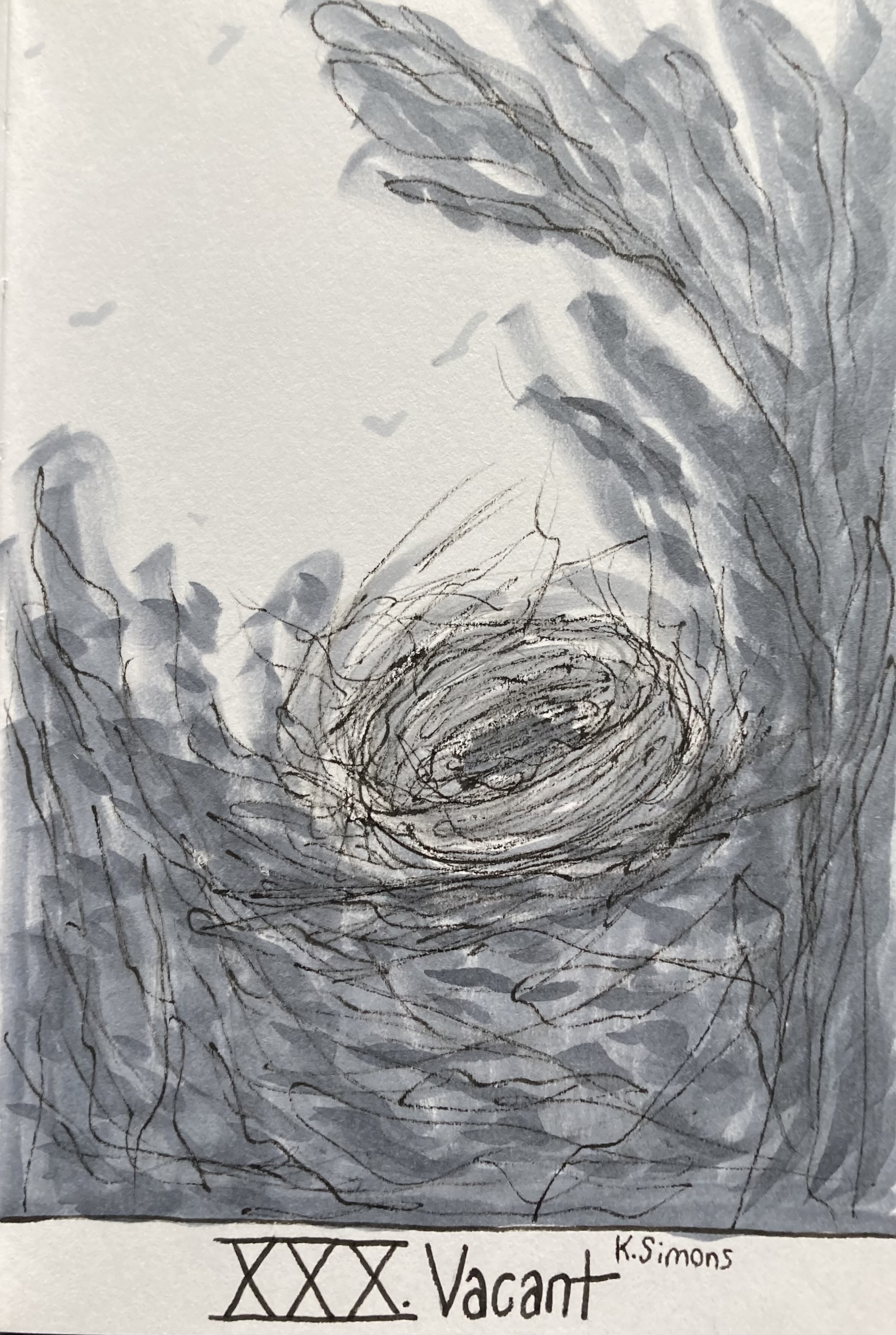 Vacant (Pen, pencil & marker on paper, 4x6 inches, October 2025)