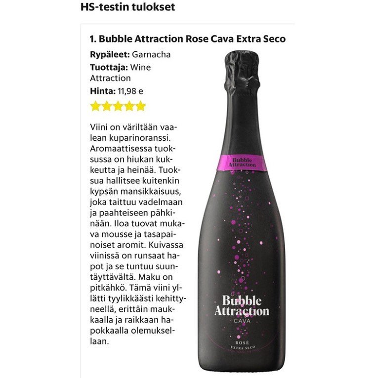 Roseekuohuvat Helsingin Sanomien testiss&auml;. Voittajaksi valikoitui Bubble Attraction Rose Cava Extra Seco 🥂 

&rdquo;Voittajaviini oli yll&auml;tt&auml;j&auml;, sill&auml; se paljastui my&ouml;s testin yhdeksi edullisimmista viineist&auml;. Pull