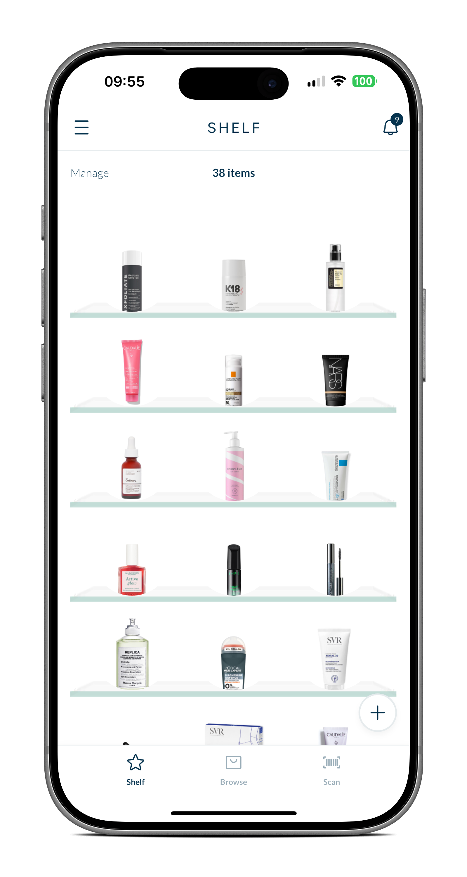 Smartphone displaying an app with a virtual shelf of skincare products, including bottles and tubes, organized in rows on a digital display.
