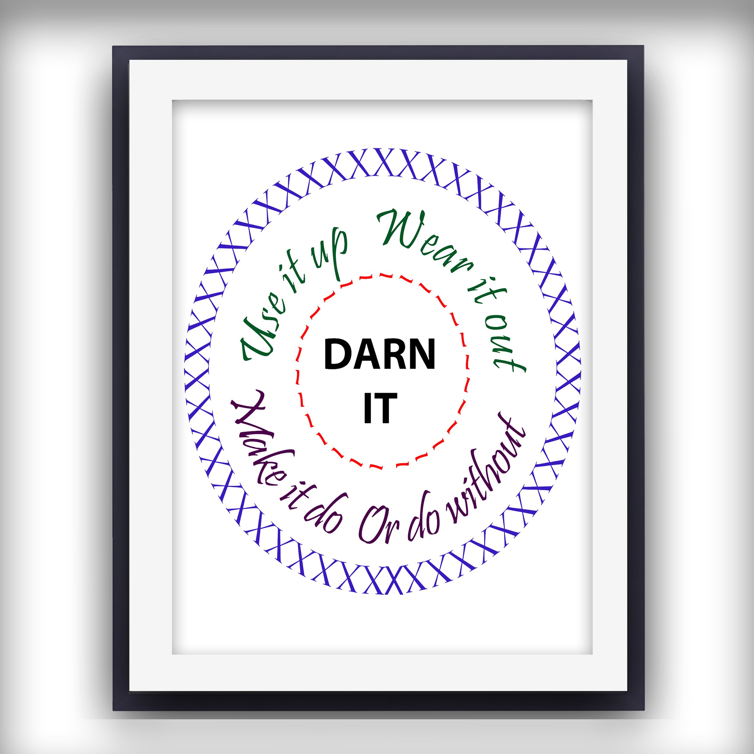 Sewing design in a matted black frame