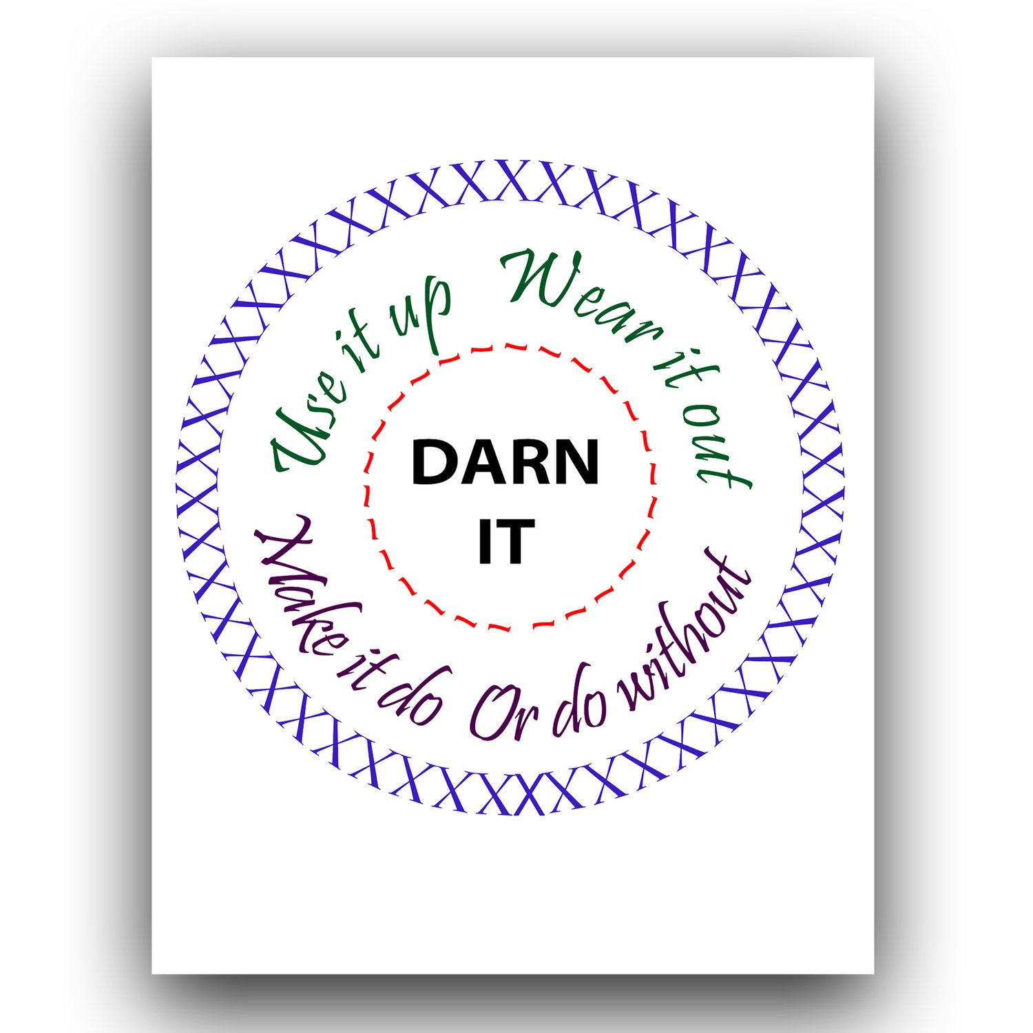 Darn It circular design with stitches on an 8.5 by 11 inch print