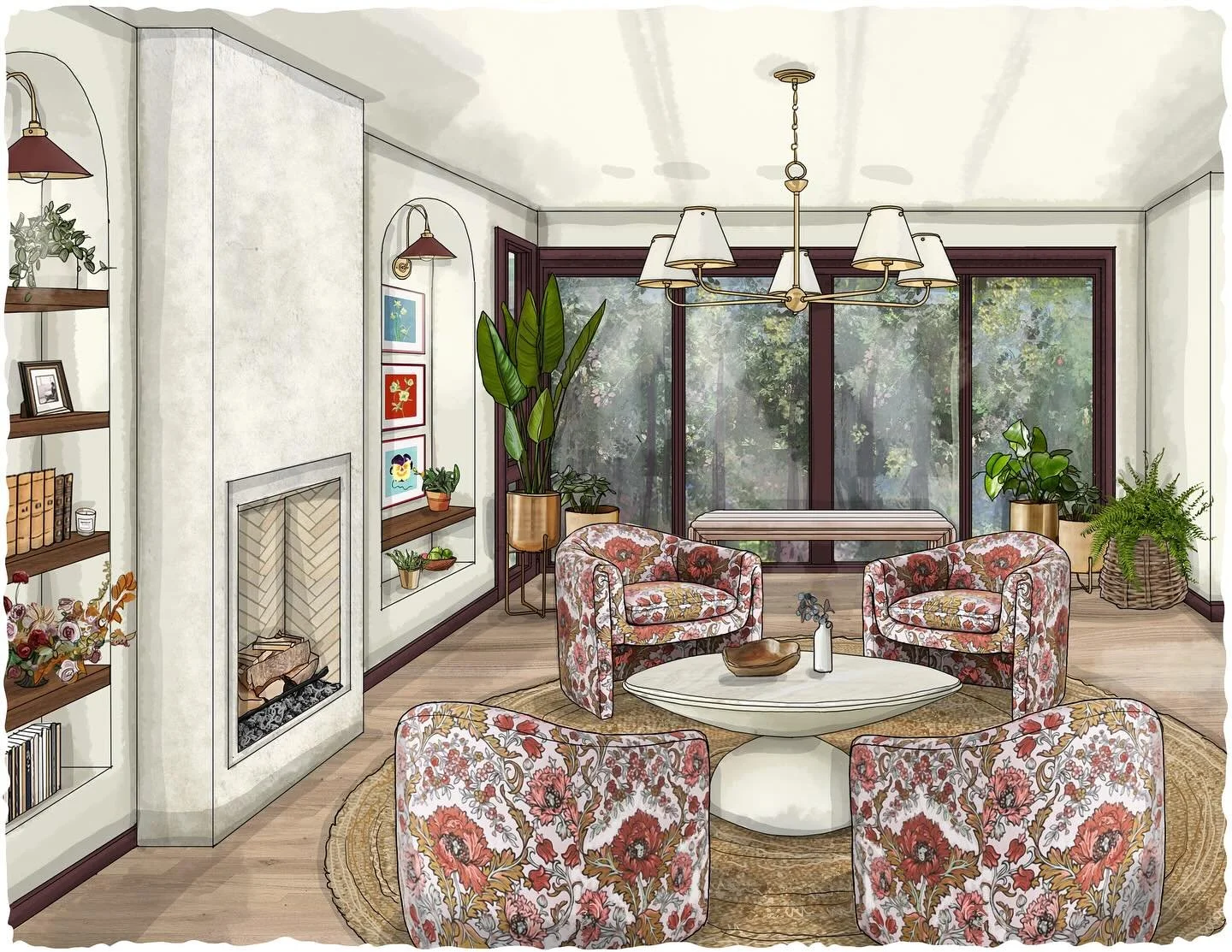 Another rendering that I am ecstatic to present ✨

Taking a barely used Family Room and transforming it to a transitional, functional &amp; unique SOLARIUM for this family. 

Designer: @jennlcameron 
Rendering : @amyarchambaultstudio 

#solarium #pla