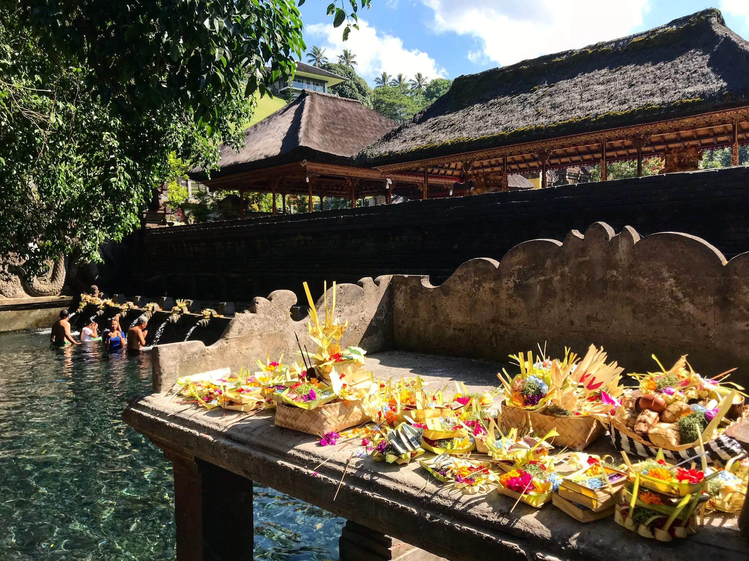 meditative scene at the water temple with many offerings