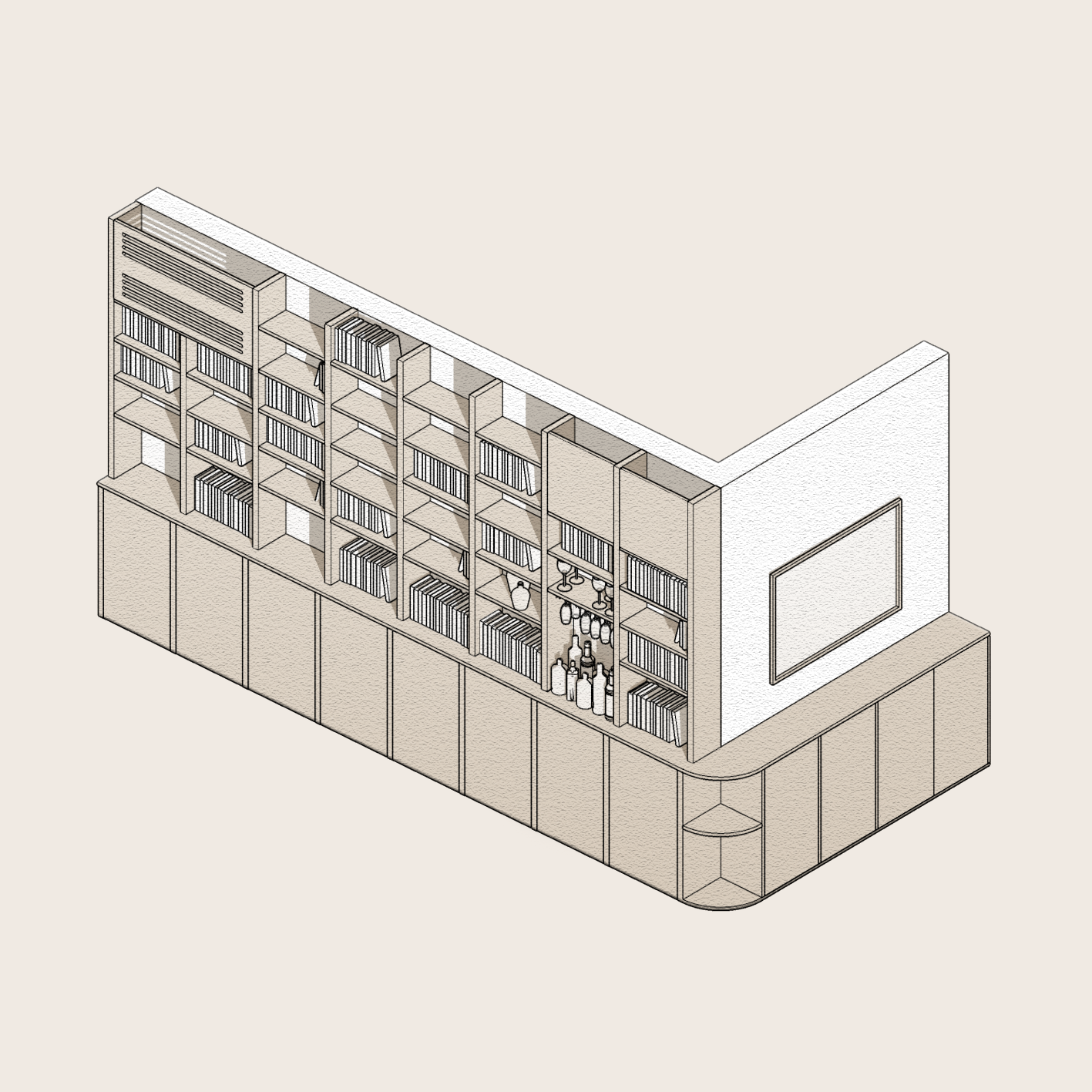 Bibliothèque/bar à cocktail en placage merisier
