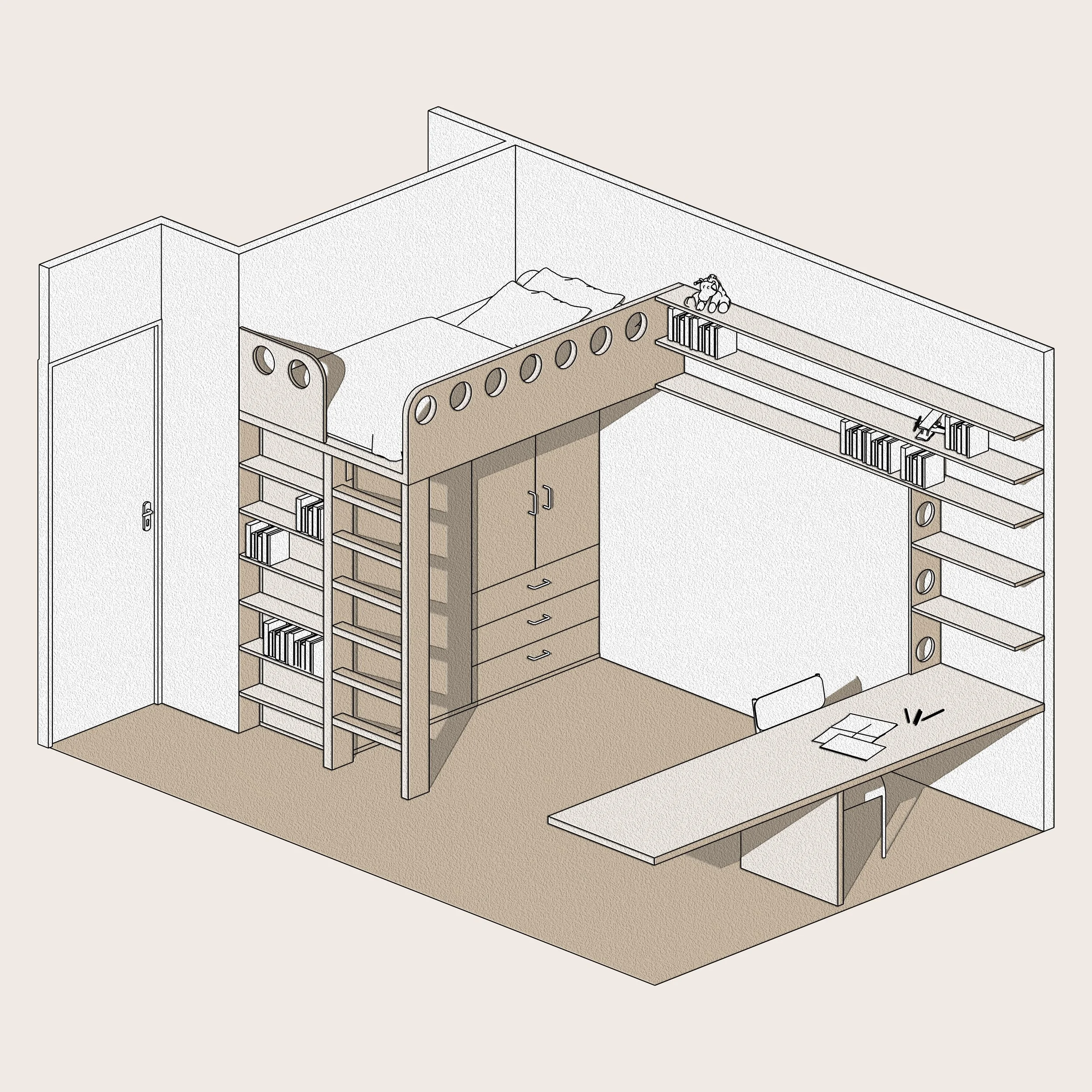 Structure lit, dressing et bureau en medium à peindre