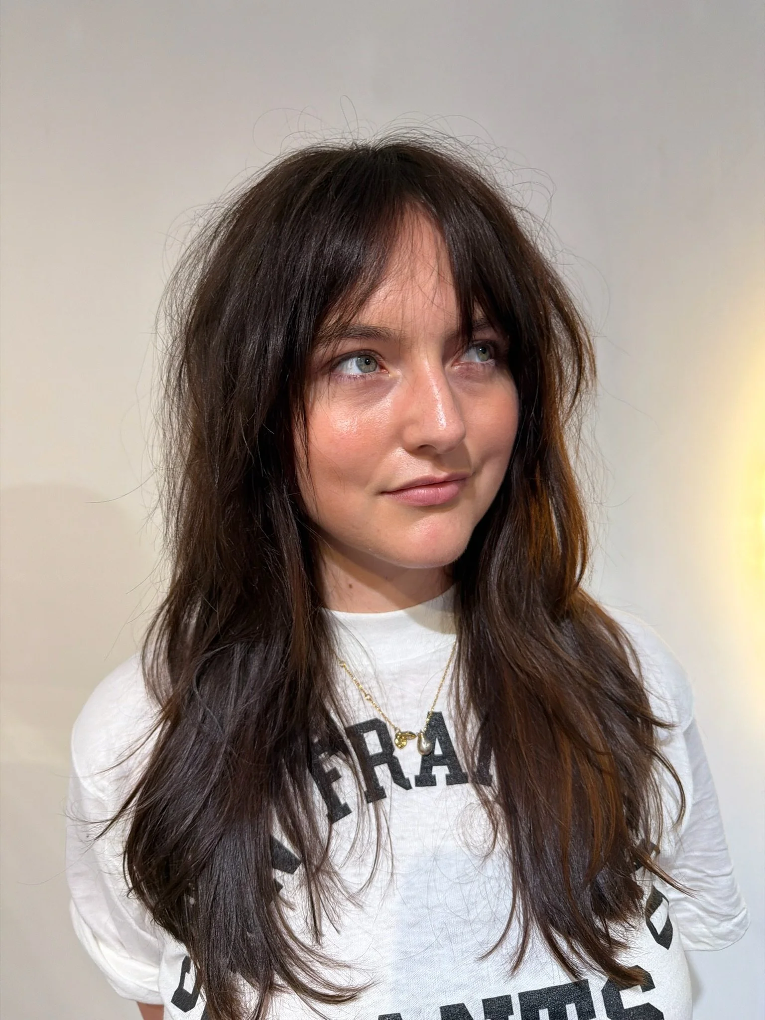 french girl shag, brunette hair, long layers