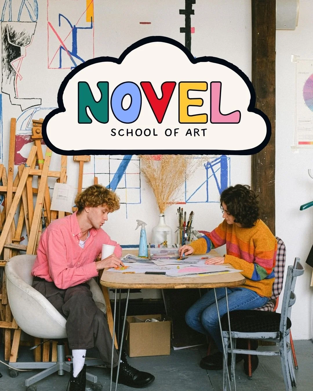 NOVEL school of art cloud logo on photo of art students working at a table