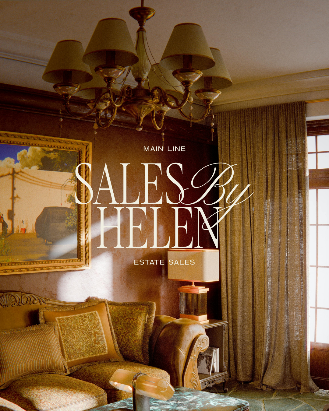 Graphic of white "Sales by Helen" logo on an image of an elegant living room