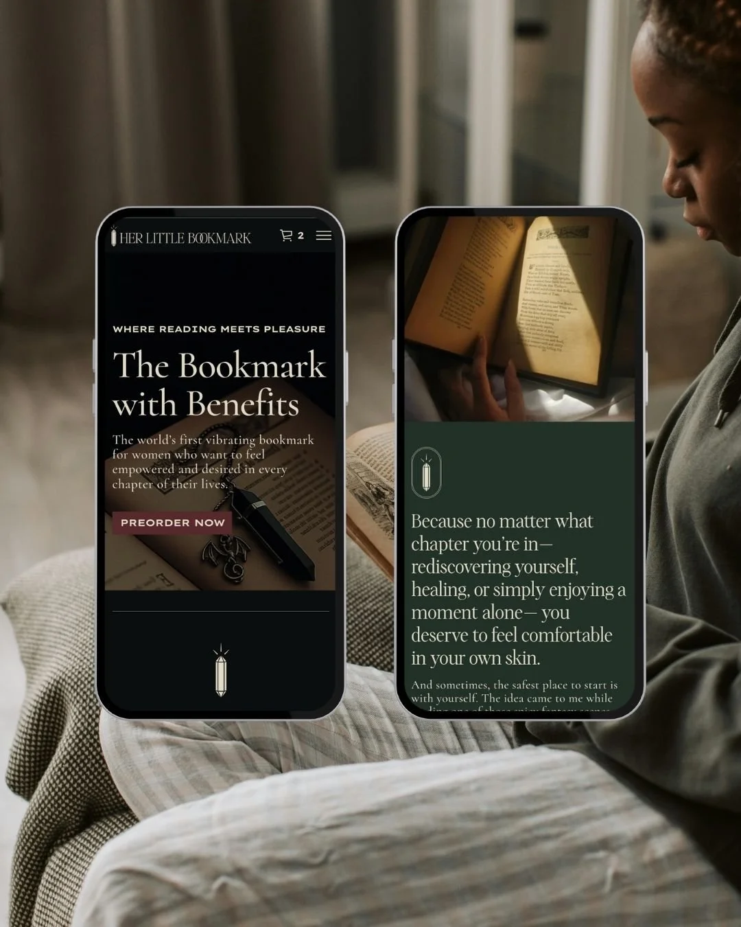 2 phone screens with her little bookmark website screenshots in them