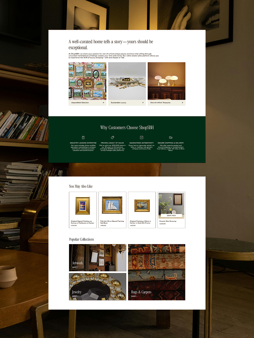 website screenshots of shopify website for estate sale shop