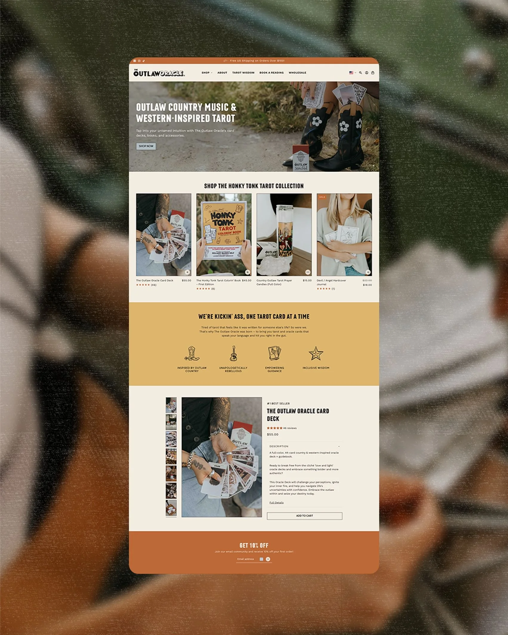 The Outlaw Oracle website homepage layered on a blurry textured image
