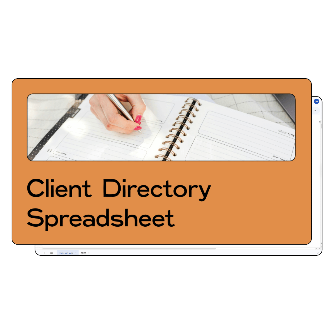 Orange cover with image of hand writing in a planner with title below that says "Client Directory Spreadsheet" and several document pages behind it
