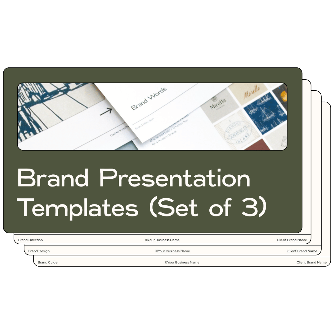 Dark green cover with image of brand presentation templates with title below that says "Brand Presentation Templates (Set of 3)"  and several document pages behind it