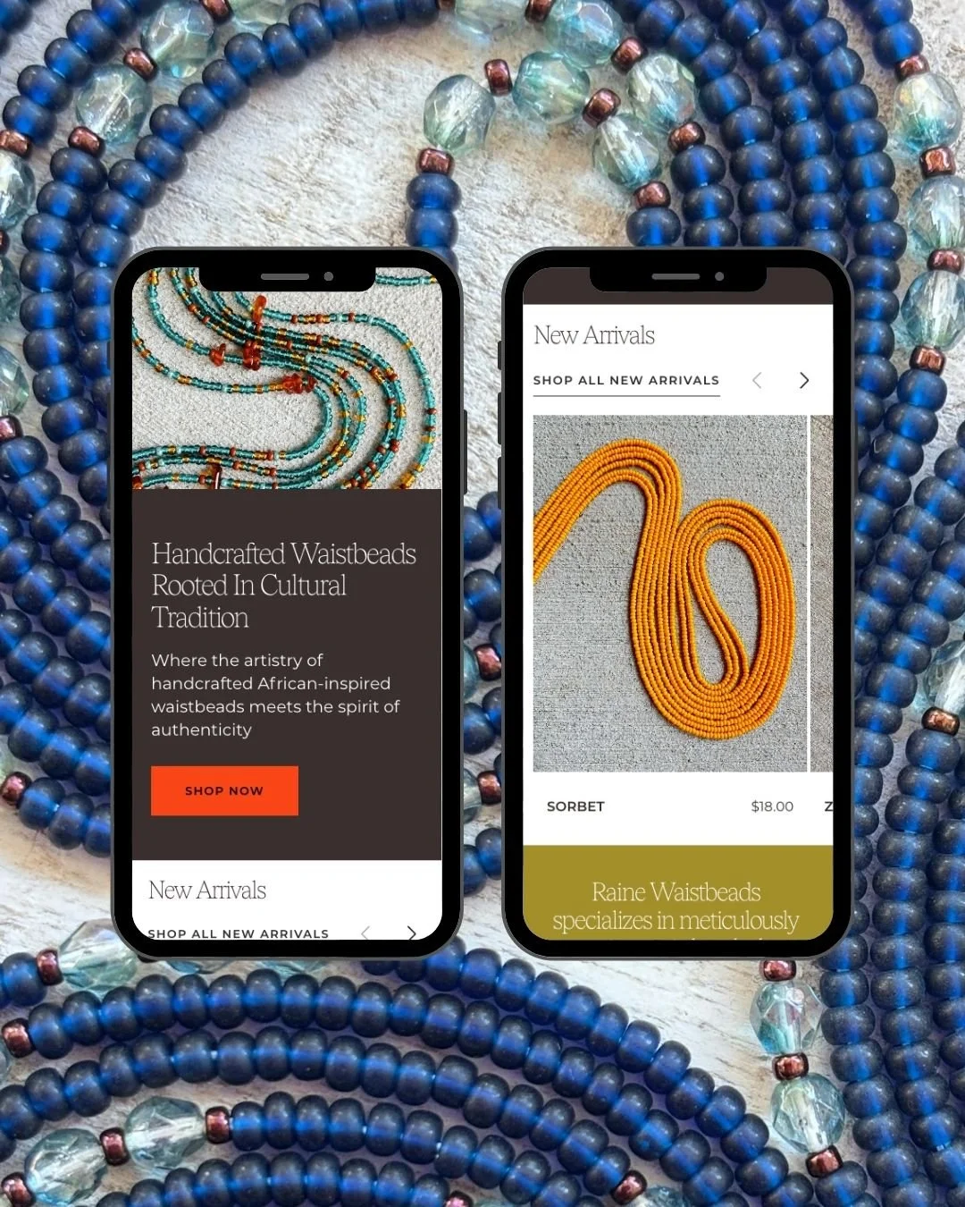 2 phone screens with raine waistbeads website in them on a green background