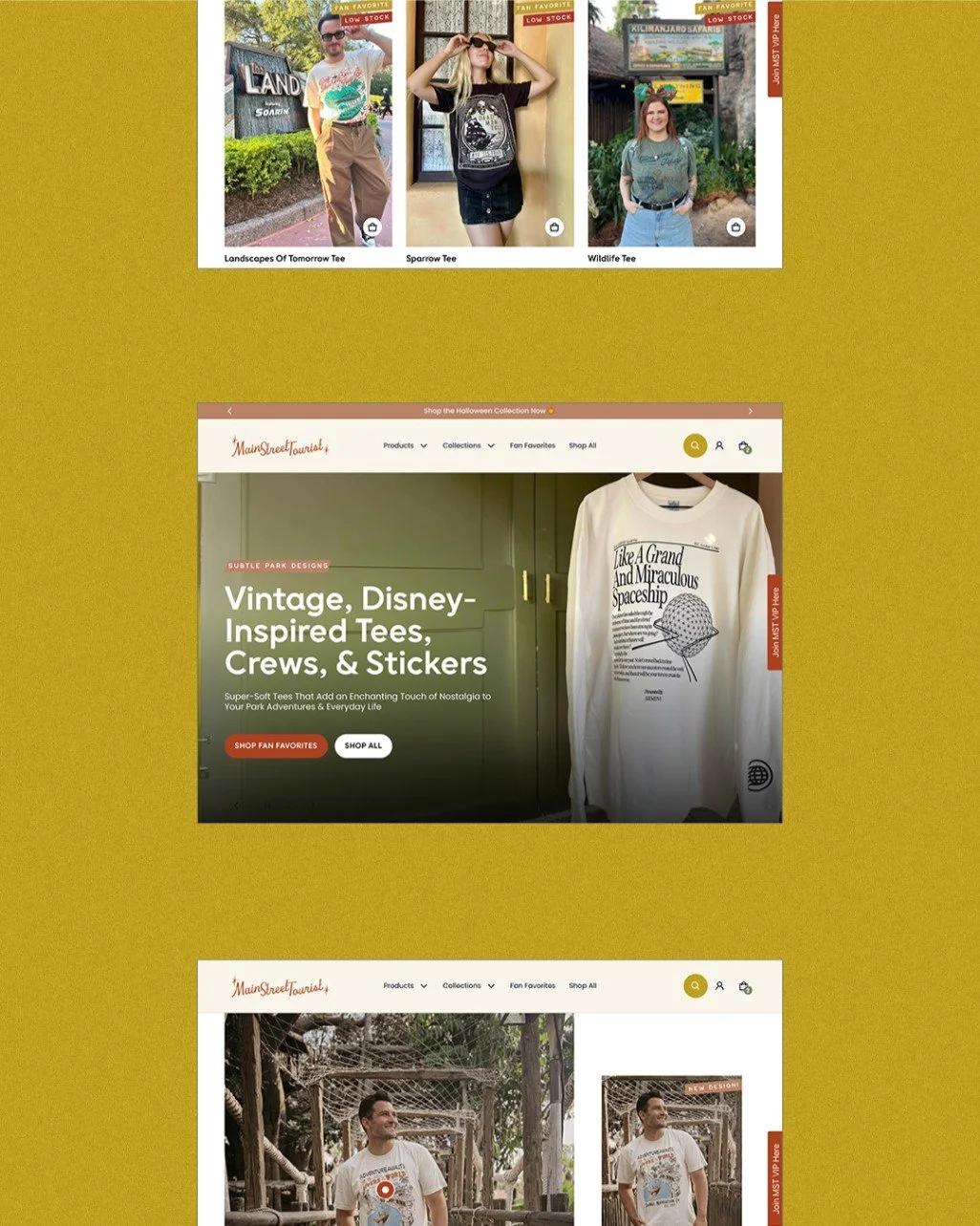 Graphic of 3 images of the Main Street Tourist Shopify website design stacked in a column on a mustard yellow background