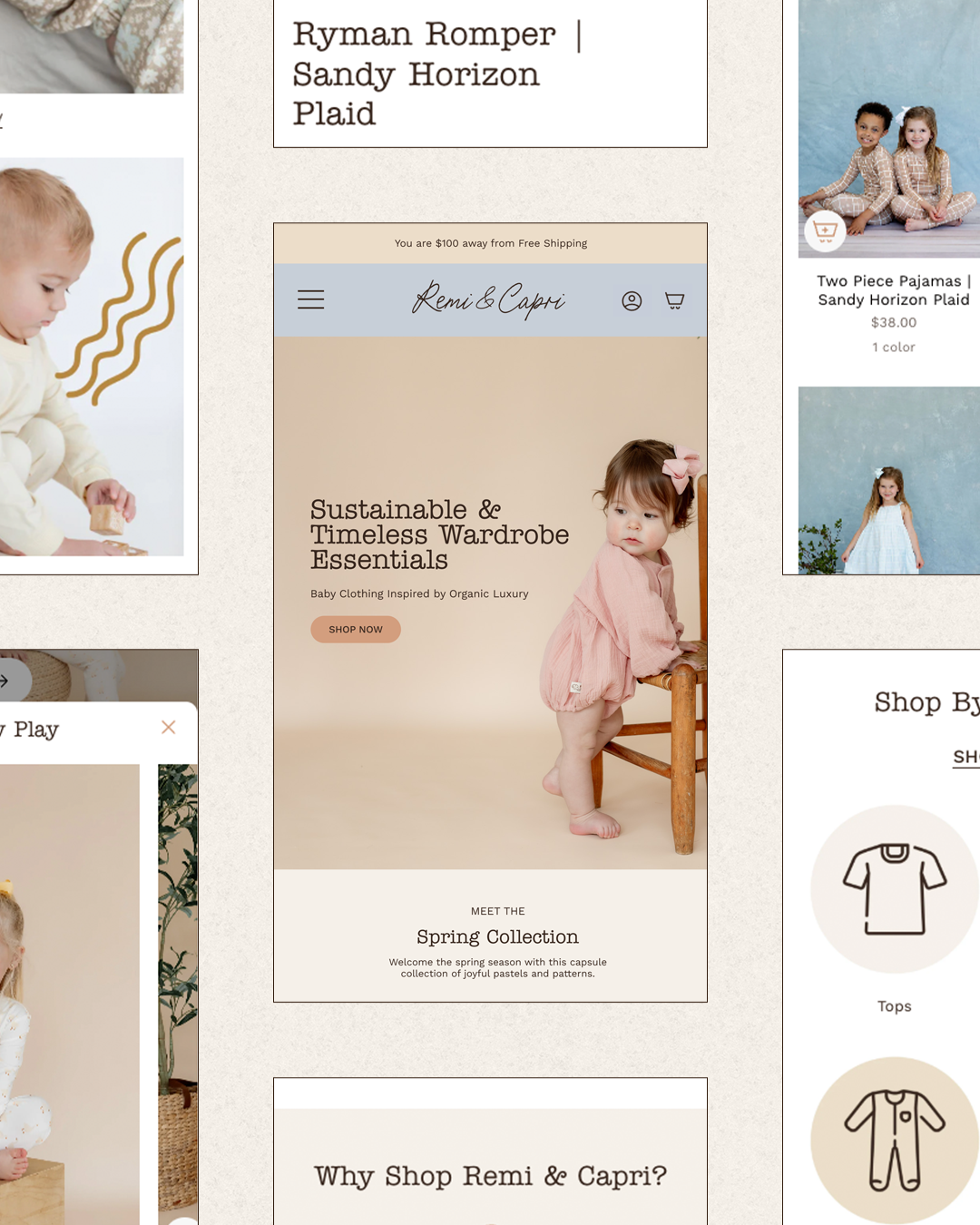 Stacked graphics of pages from the remi and capri website