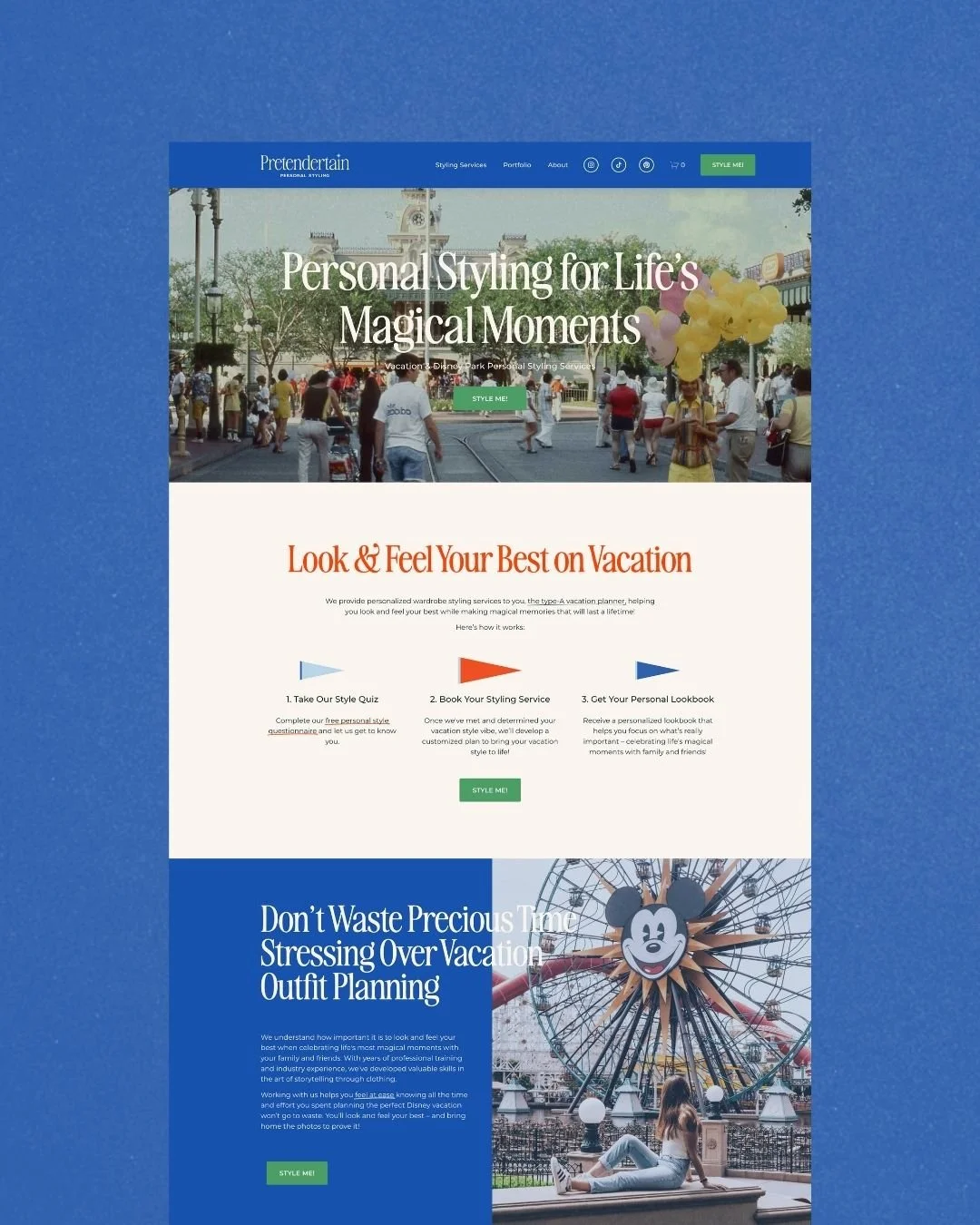 Pretendertain Styling website homepage on blue background