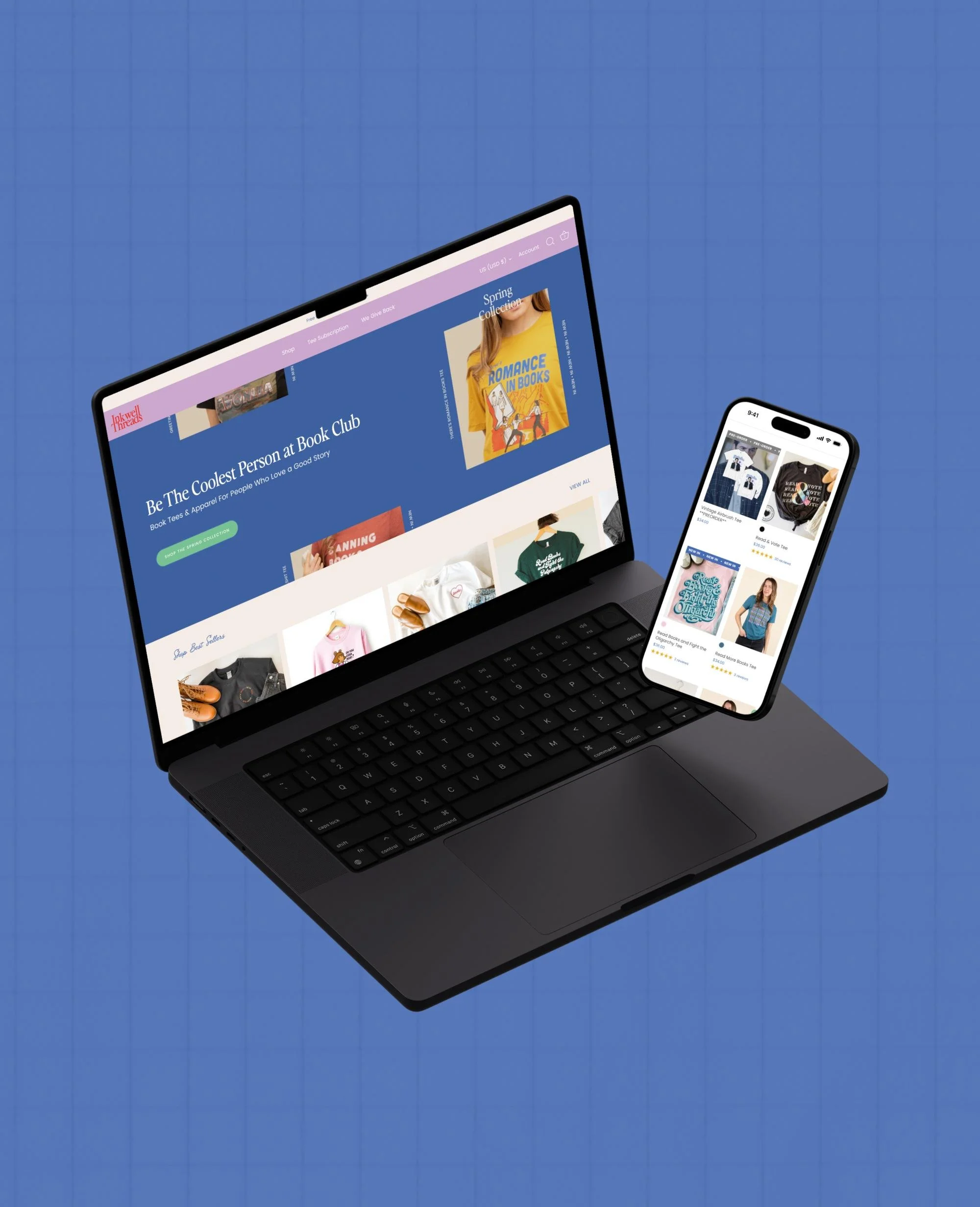 Graphic with floating laptop and phone with the Inkwell Threads website showing on a blue grid patterned background