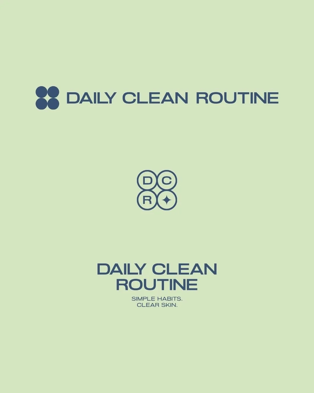 Three dark blue daily clean routine logos stacked on a bright light green background