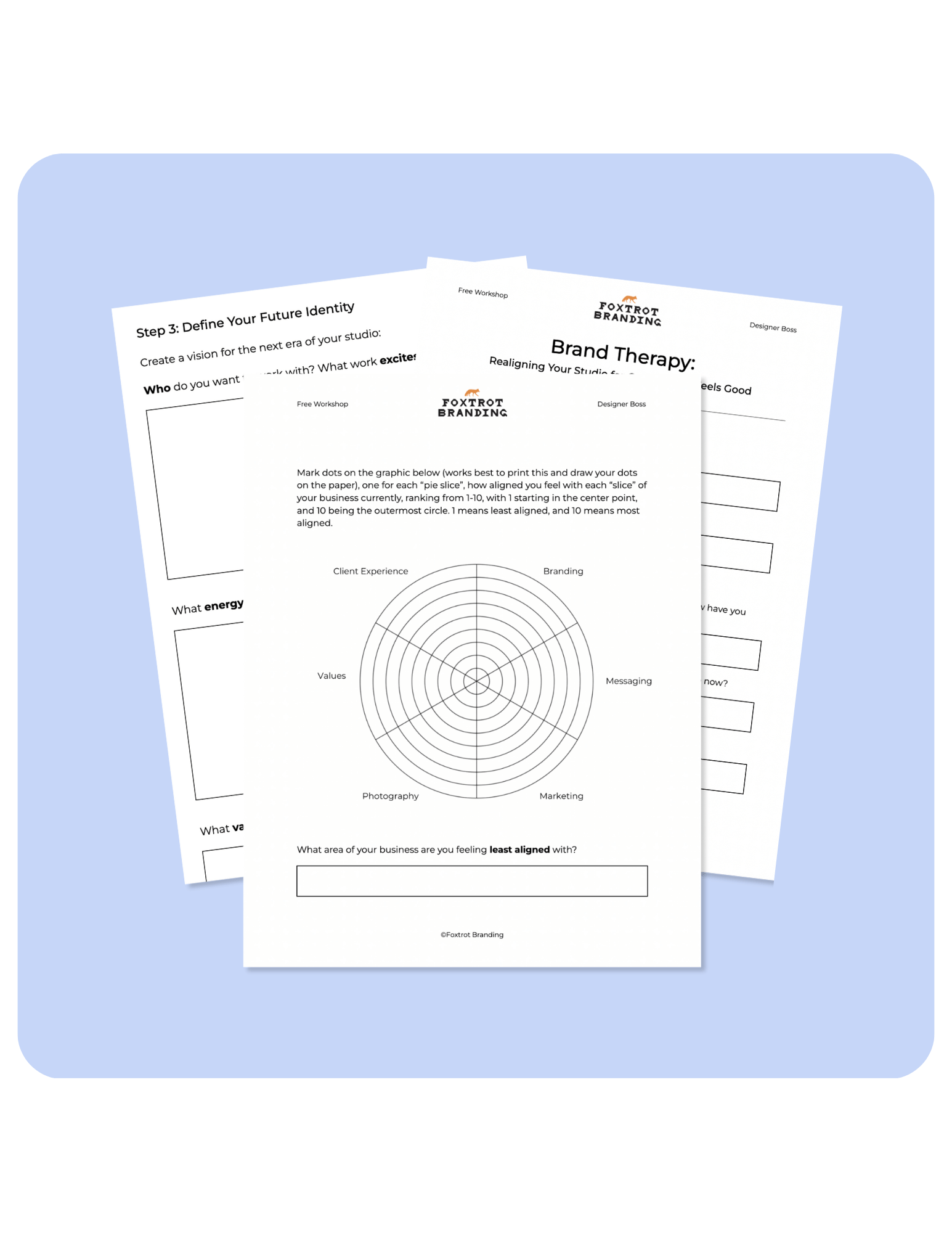 Mockup of 3 pages in free brand therapy workbook by Foxtrot Branding