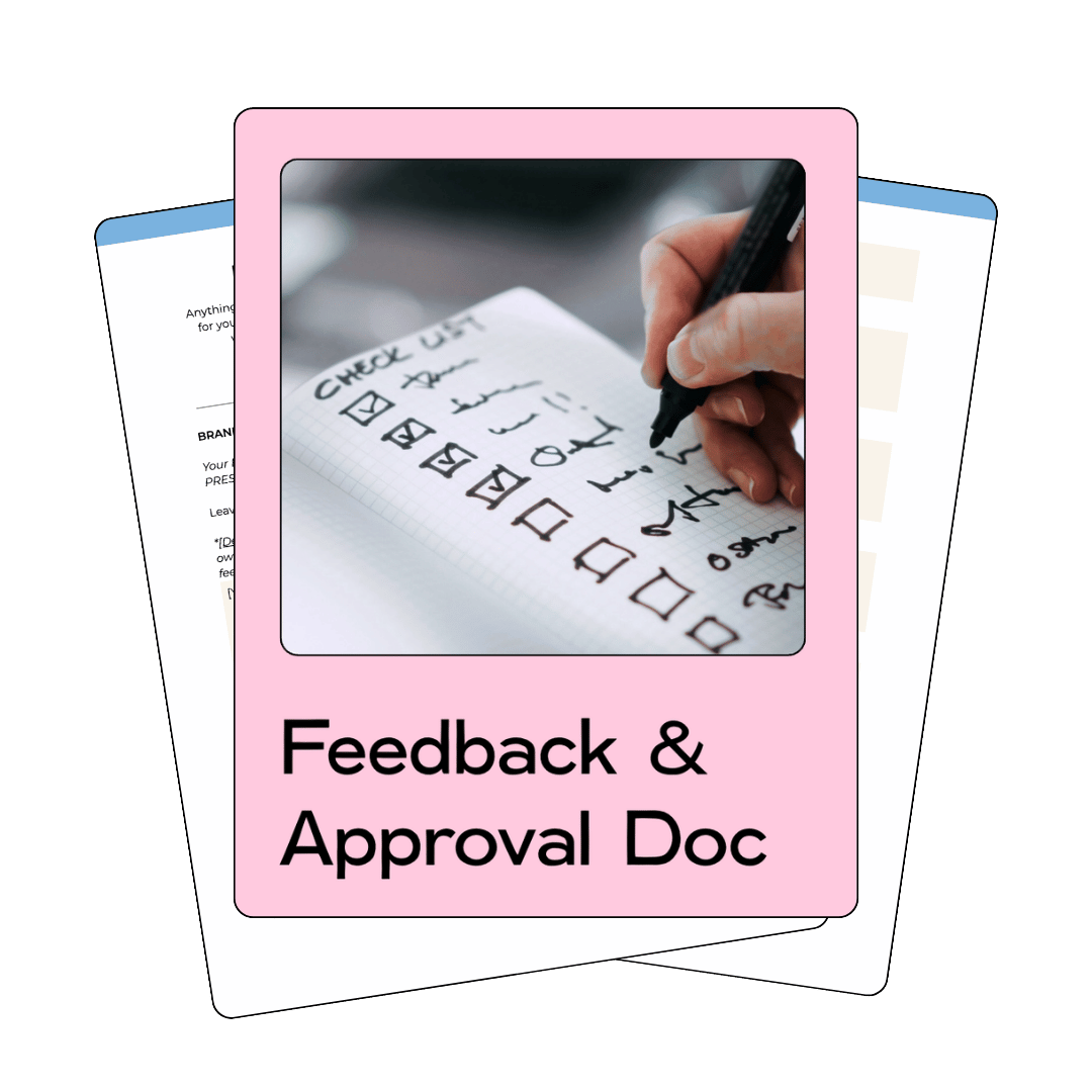 Pink cover with image of checklist in a journal with title below that says "Feedback & Approval Doc" and several document pages behind it