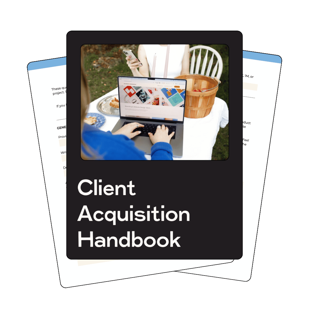 Black cover with image of hands typing on a laptop with title below that says "Client Acquisition Handbook" and several document pages behind it