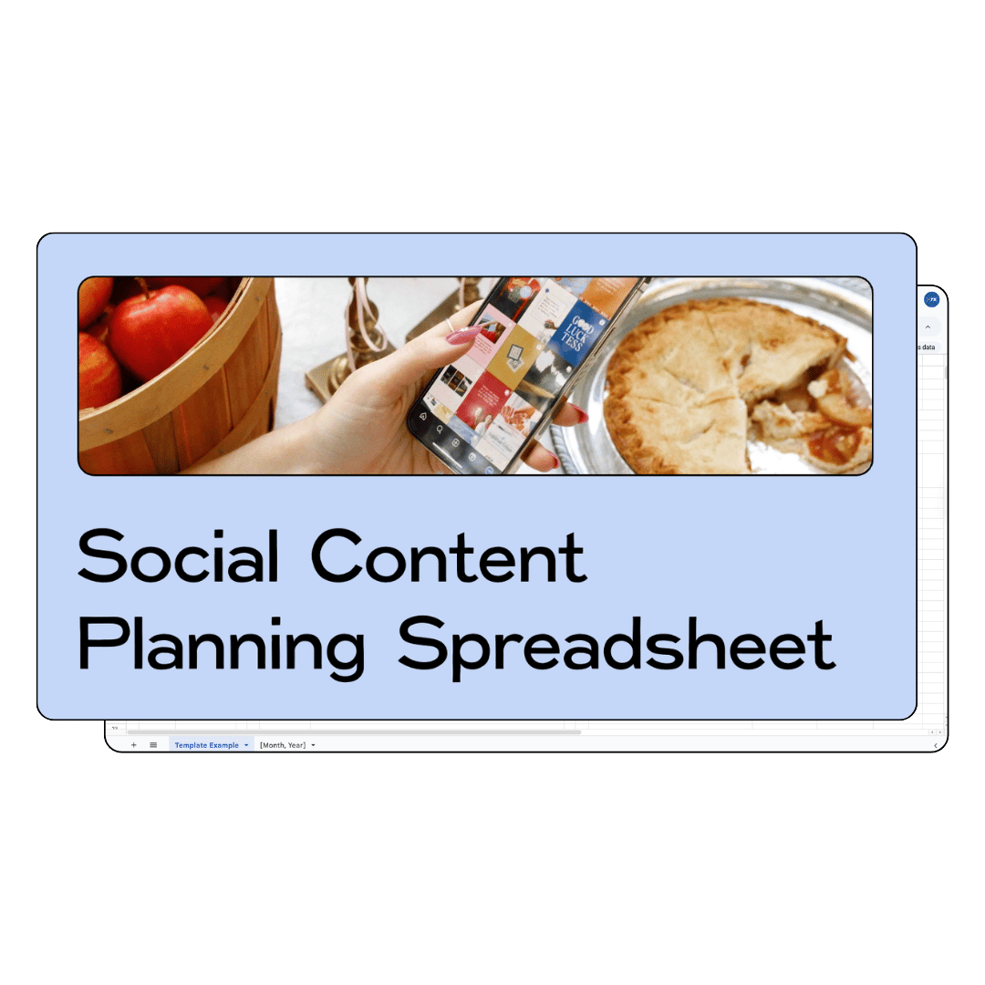 Light blue cover with image of a hand holding a phone with an instagram grid on it with title below that says "Social Content Planning Spreadsheet" and several document pages behind it