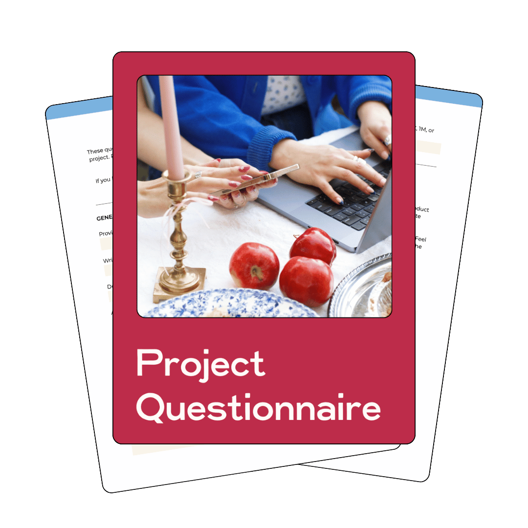 Red cover with image of hands working on a laptop and phone with title below that says "Project Questionnaire" and several document pages behind it