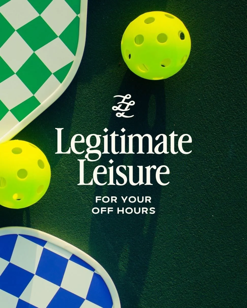 White "Legitimate Leisure" logo on an image of green turf with pickleballs and rackets
