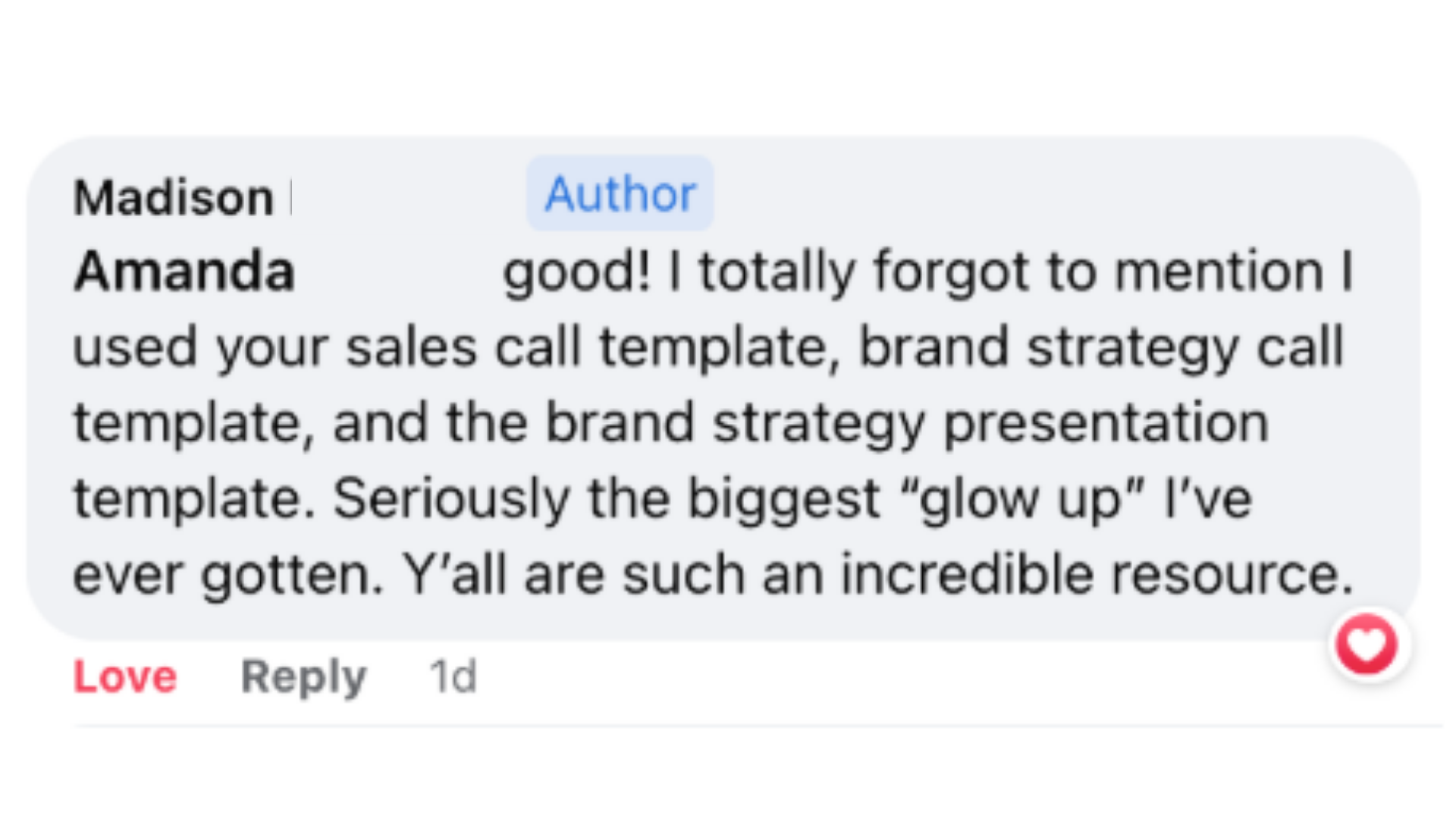 Comment screenshot that says "I totally forgot to mention I used your sales call template, brand strategy call template, and the brand strategy presentation template. Seriously the biggest "glow up"