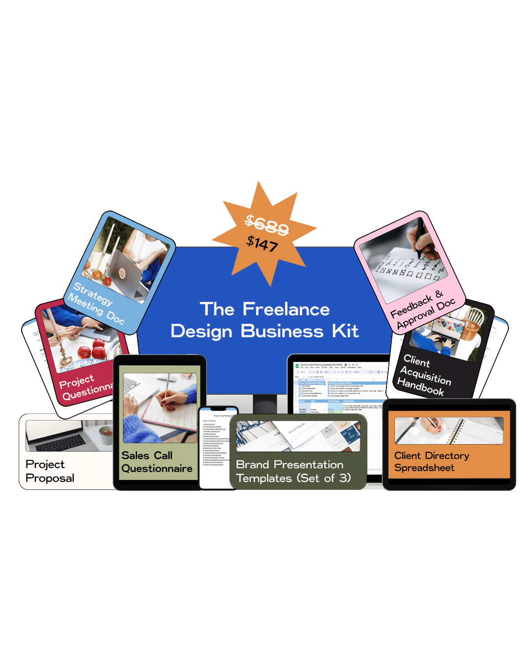 Freelance design business kit promotional graphic showing templates and tools for designers isplayed on laptop, tablet, and phone screens with headline “The Freelance Design Business Kit” and sale price $147 (discounted from $689)
