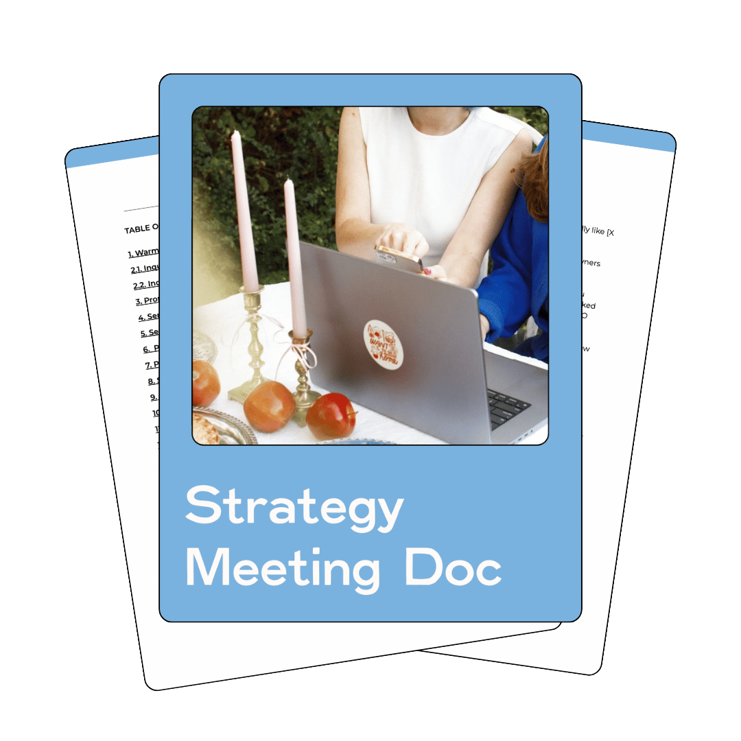 Light blue cover with image of open laptop on table outside with title below that says "Strategy Meeting Doc" and several document pages behind it